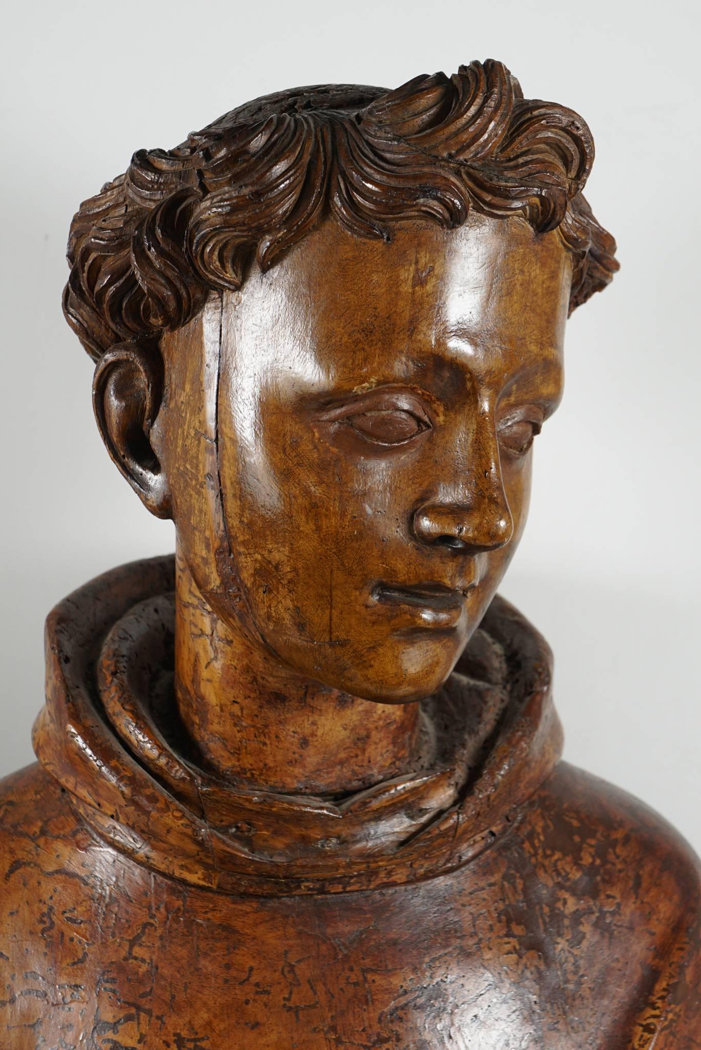 Italian Lifesize Sienese Wood Carved Bust of a Monk, circa 1580-1600