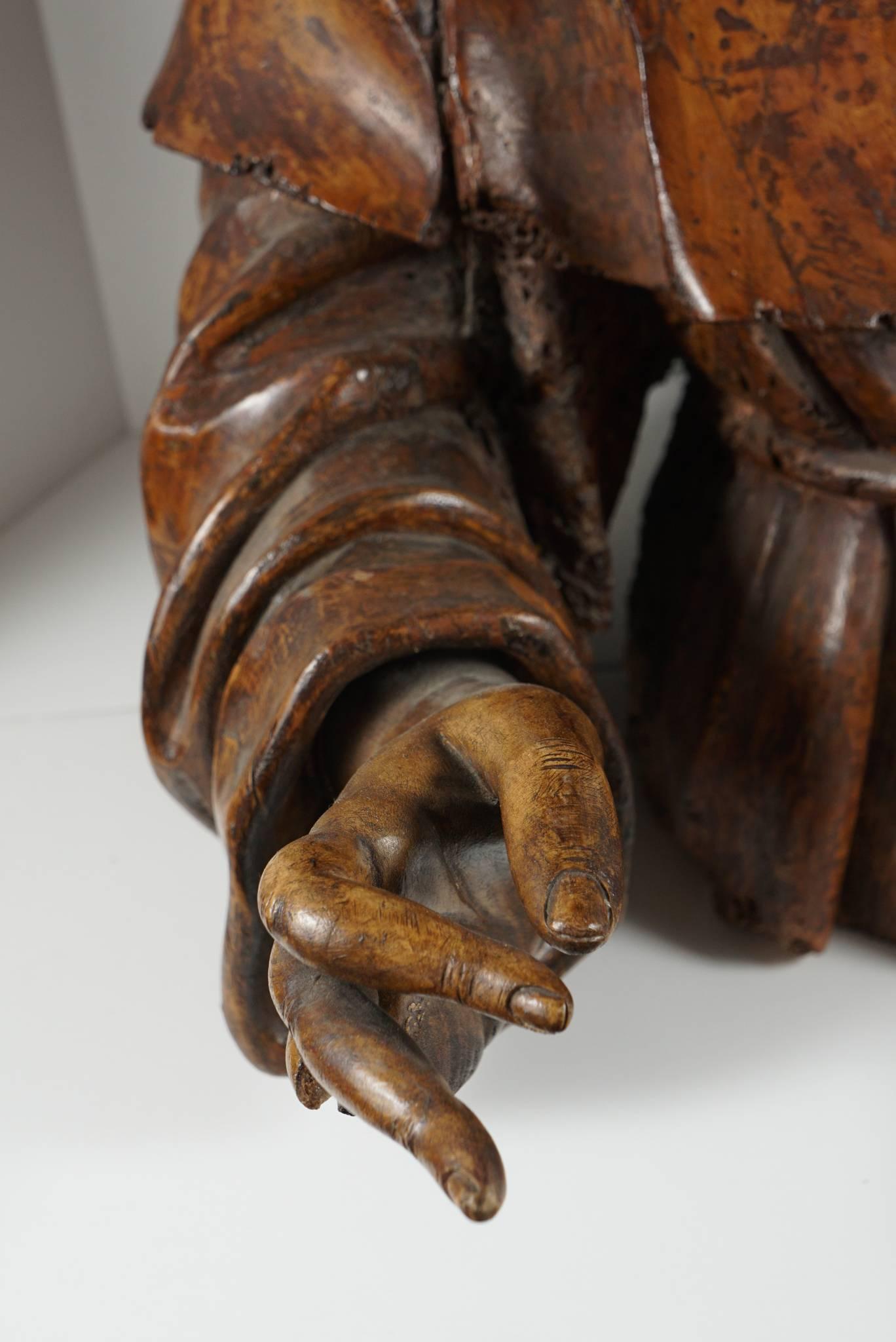 17th Century Lifesize Sienese Wood Carved Bust of a Monk, circa 1580-1600