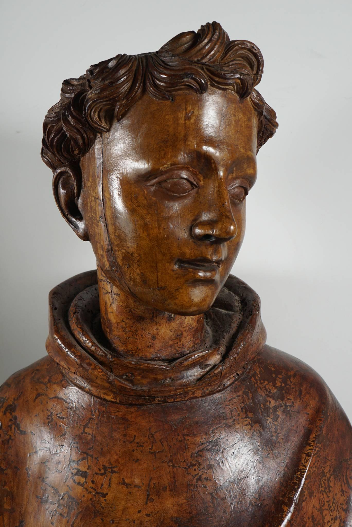 Lifesize Sienese Wood Carved Bust of a Monk, circa 1580-1600 3