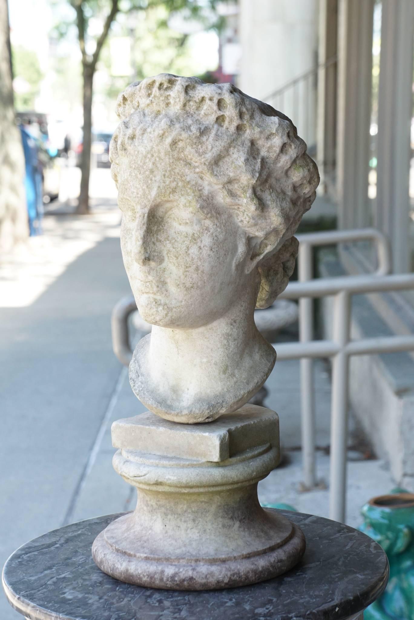 This bust conceived as an exterior garden ornament is from the antique and was carved, circa 1820-1850. While not exactly like the head of the Venus De Milo the work clearly is an interpretation and shares with other classical statues aspects of the