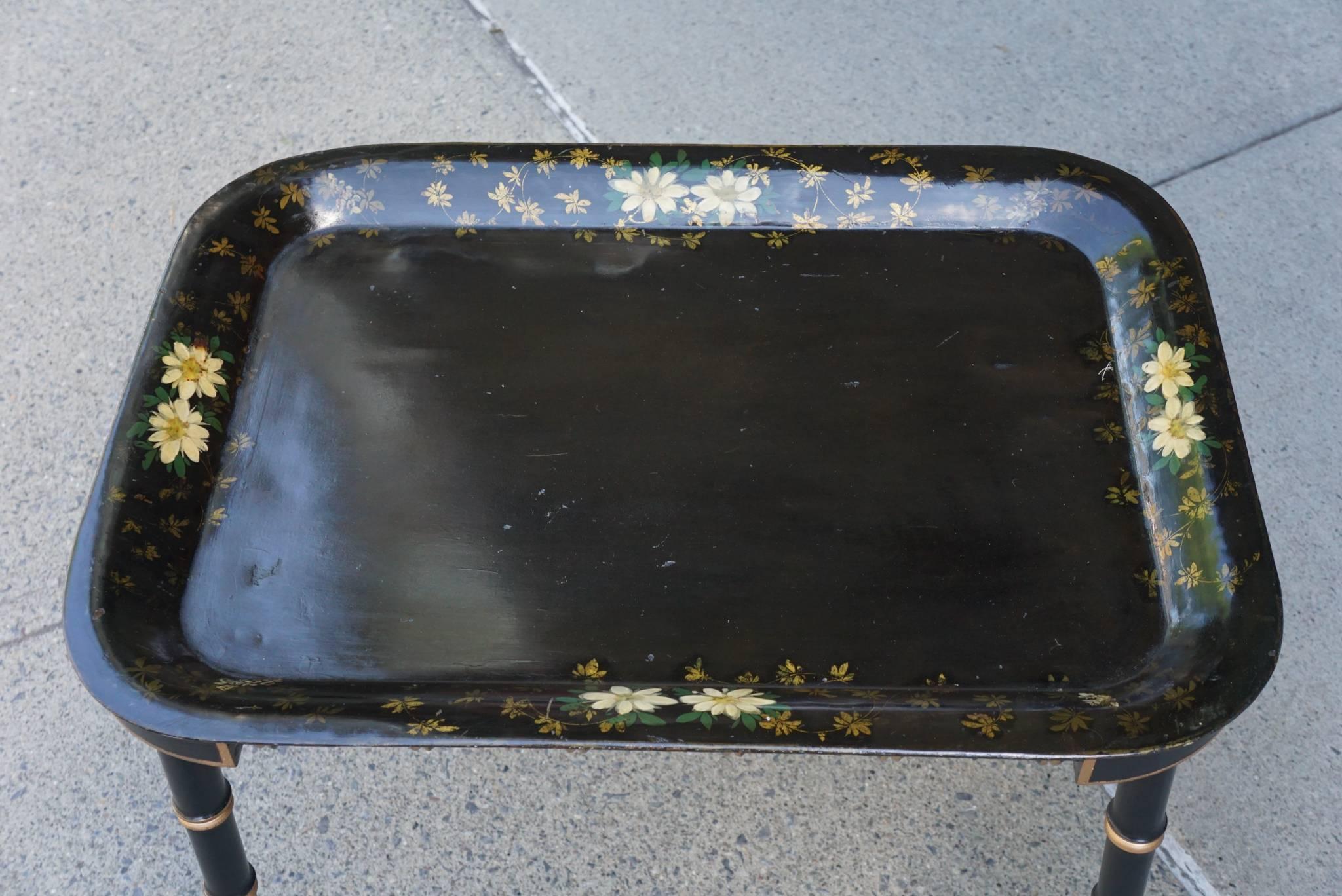 American Late 19th Century Tole Decorated Tray on Later Ebonized and Gilded Stand For Sale