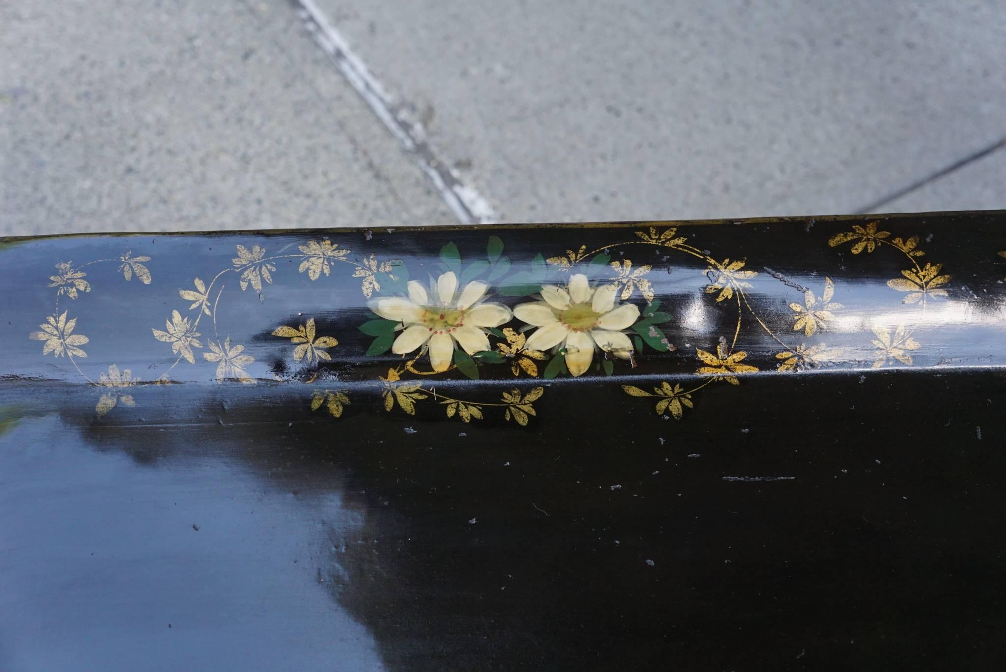 Painted Late 19th Century Tole Decorated Tray on Later Ebonized and Gilded Stand For Sale
