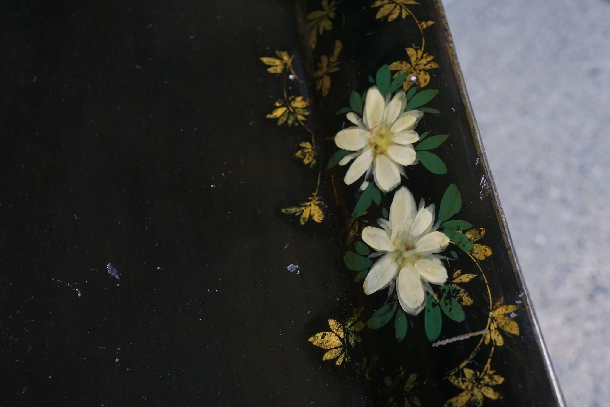 Metal Late 19th Century Tole Decorated Tray on Later Ebonized and Gilded Stand For Sale