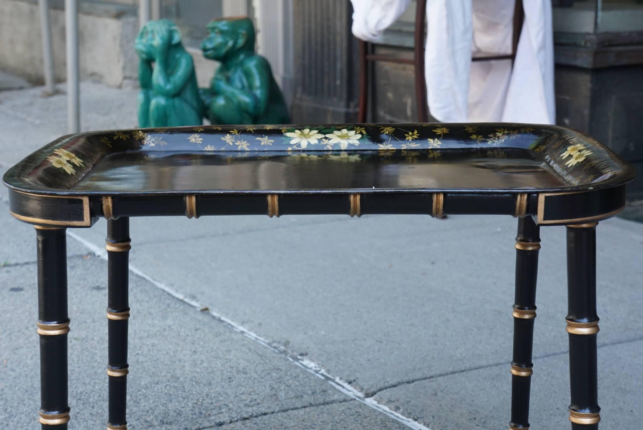 Late 19th Century Tole Decorated Tray on Later Ebonized and Gilded Stand For Sale 1