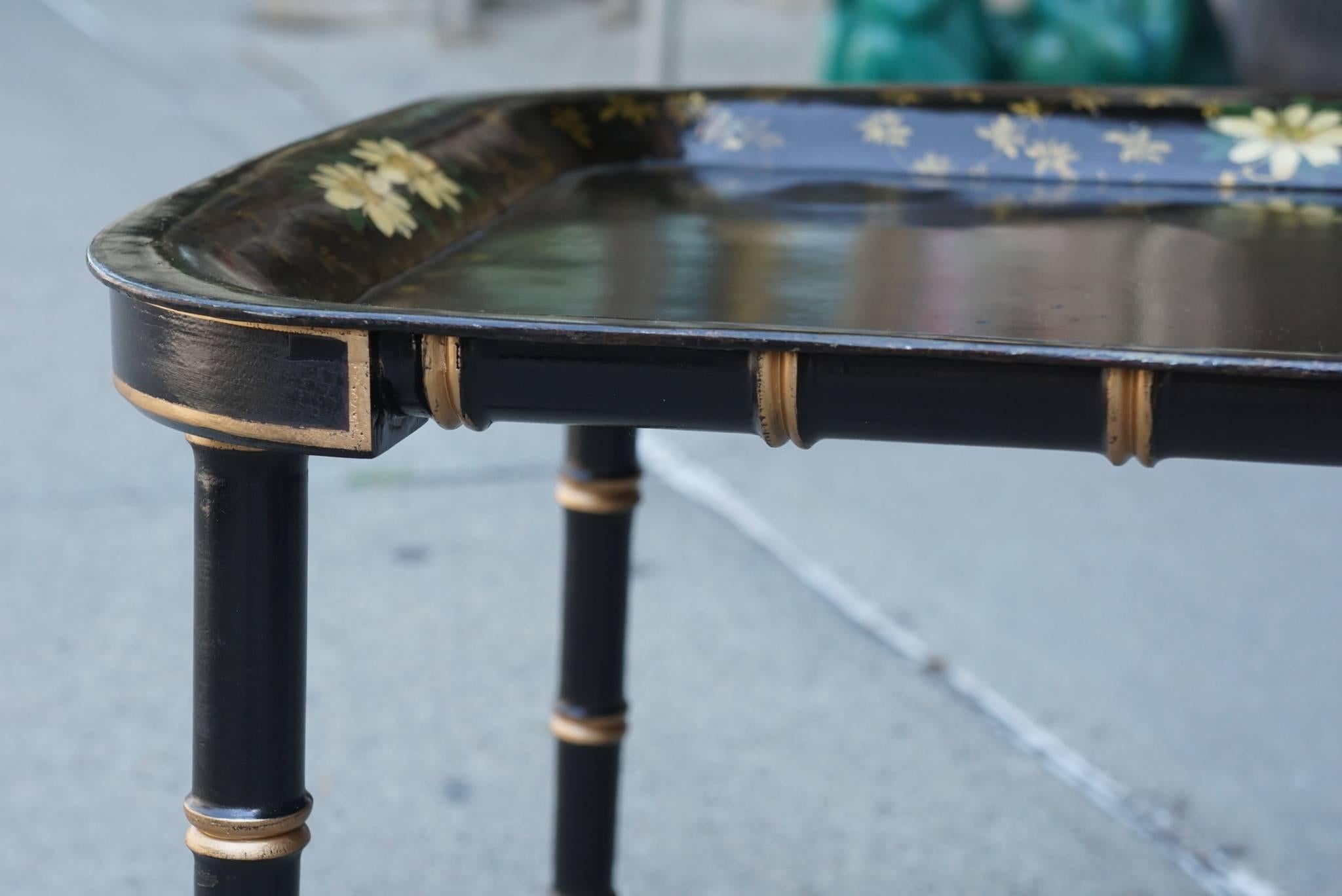 Late 19th Century Tole Decorated Tray on Later Ebonized and Gilded Stand For Sale 2
