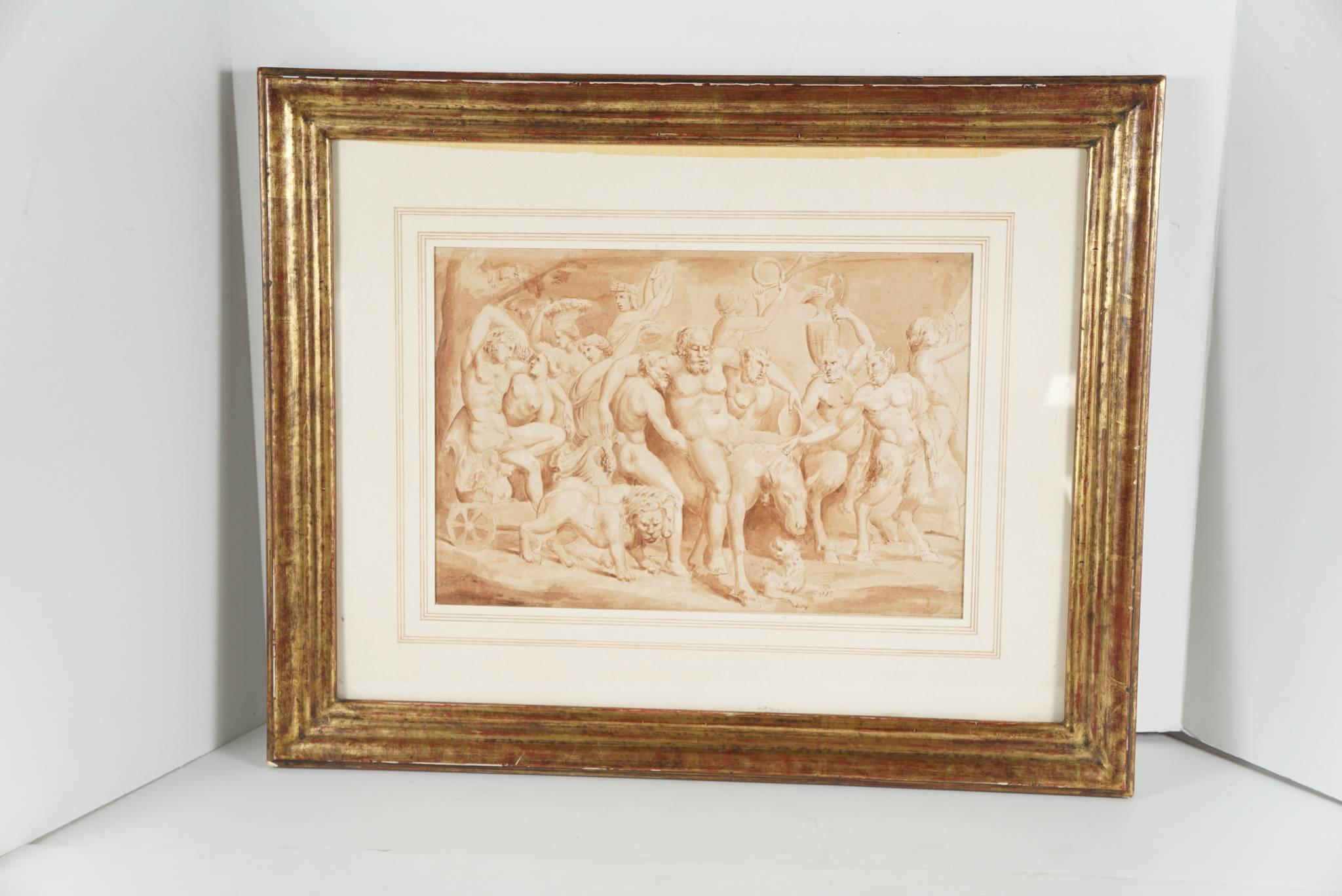This work likely Italian dates from circa 1680-1700. It relates directly to a 16th century engraving of the same subject after a drawing by Giulio Romano. That composition is inspired by a sarcophagus representing the Triumph of Baccus and Ariadne.