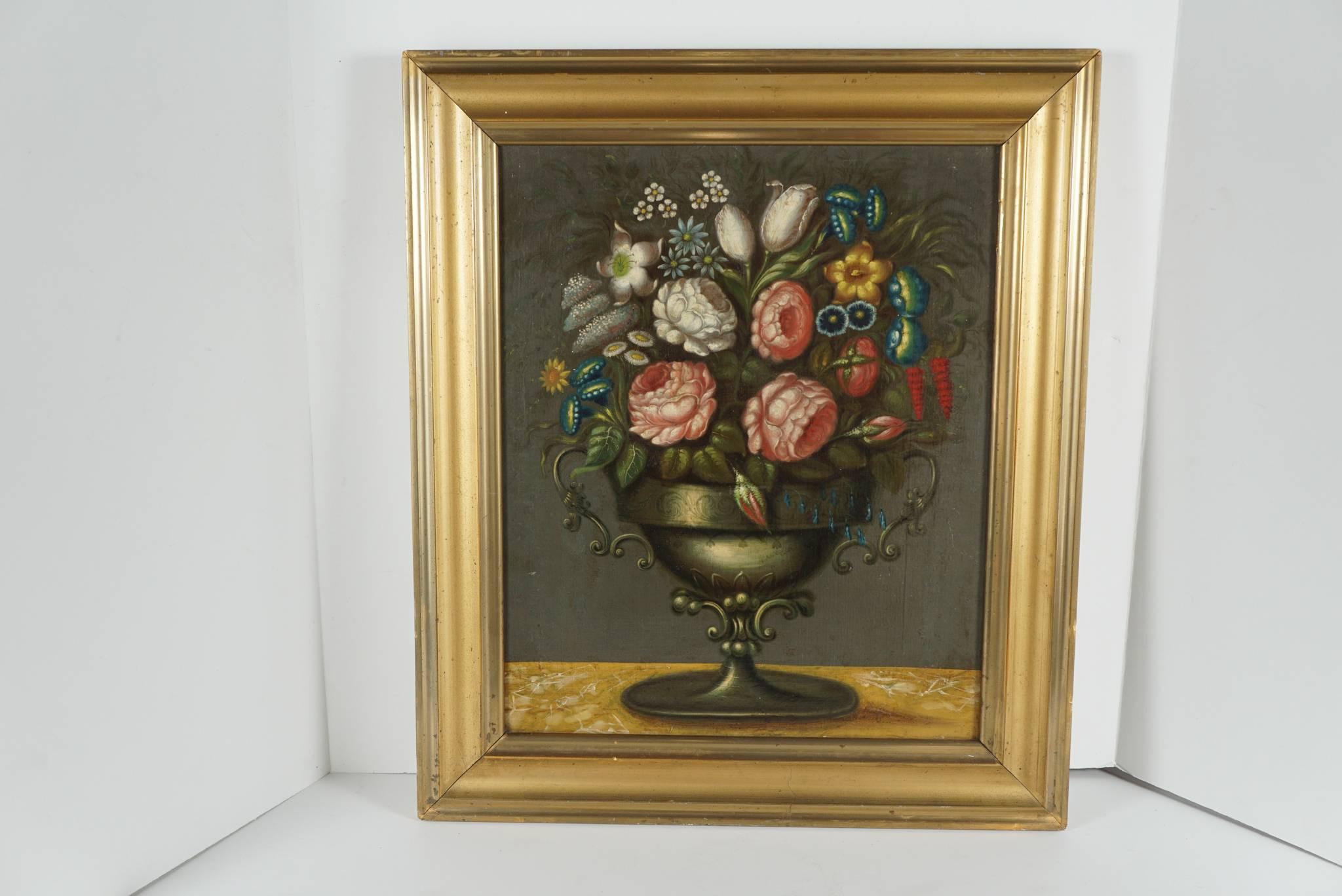 This work an oil on canvas is from the early 19th century. The style and look of the work is attributable to Jean-Louis Prevost a Botanical and fruit painter best known for his compilation of water color botanical studies. He also has done a number