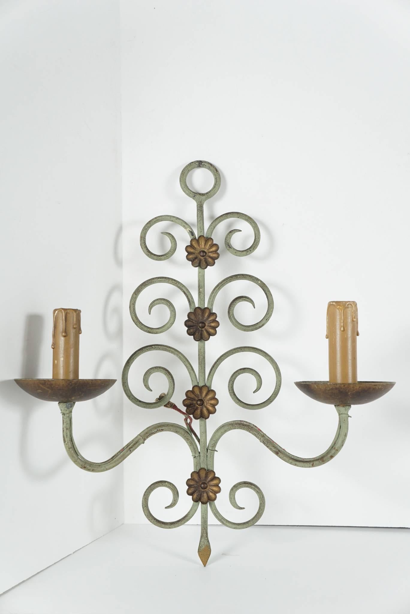 Forged Pair of French Wrought Iron Two-Light Art Moderne Sconces