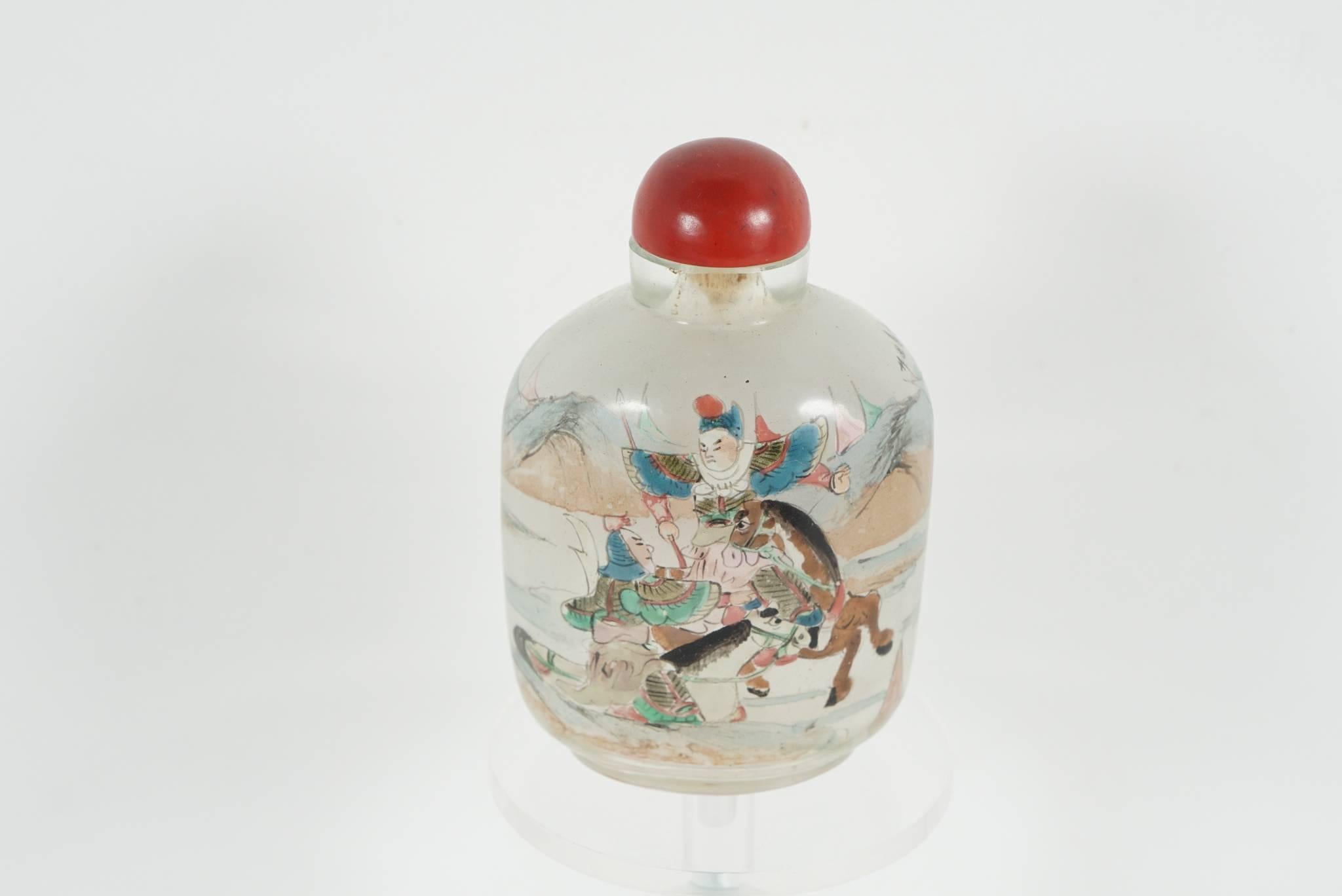 20th Century Chinese Painted Peaking Glass Snuff Bottle with Cinnabar Stopper In Good Condition In Hudson, NY