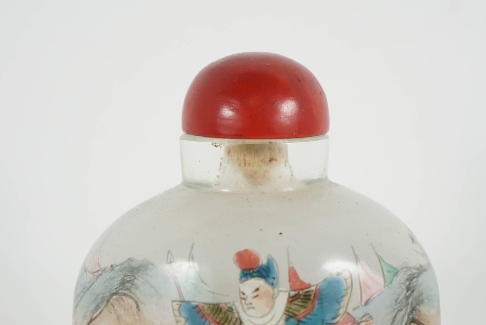 20th Century Chinese Painted Peaking Glass Snuff Bottle with Cinnabar Stopper 1