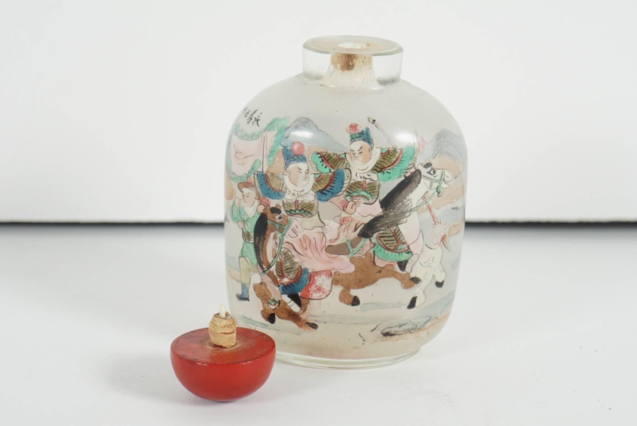 20th Century Chinese Painted Peaking Glass Snuff Bottle with Cinnabar Stopper 4