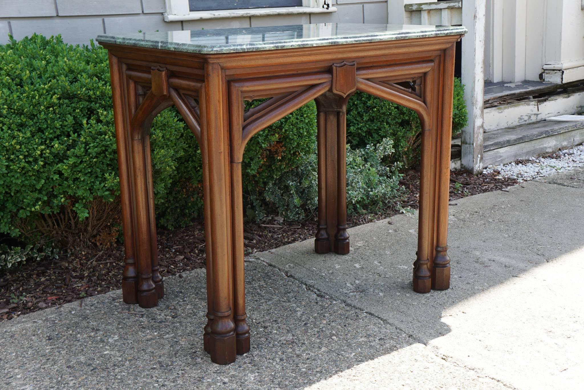 Oak 19th Century Gothic Revival English Marble Topped Centre or Library Table In Good Condition For Sale In Hudson, NY