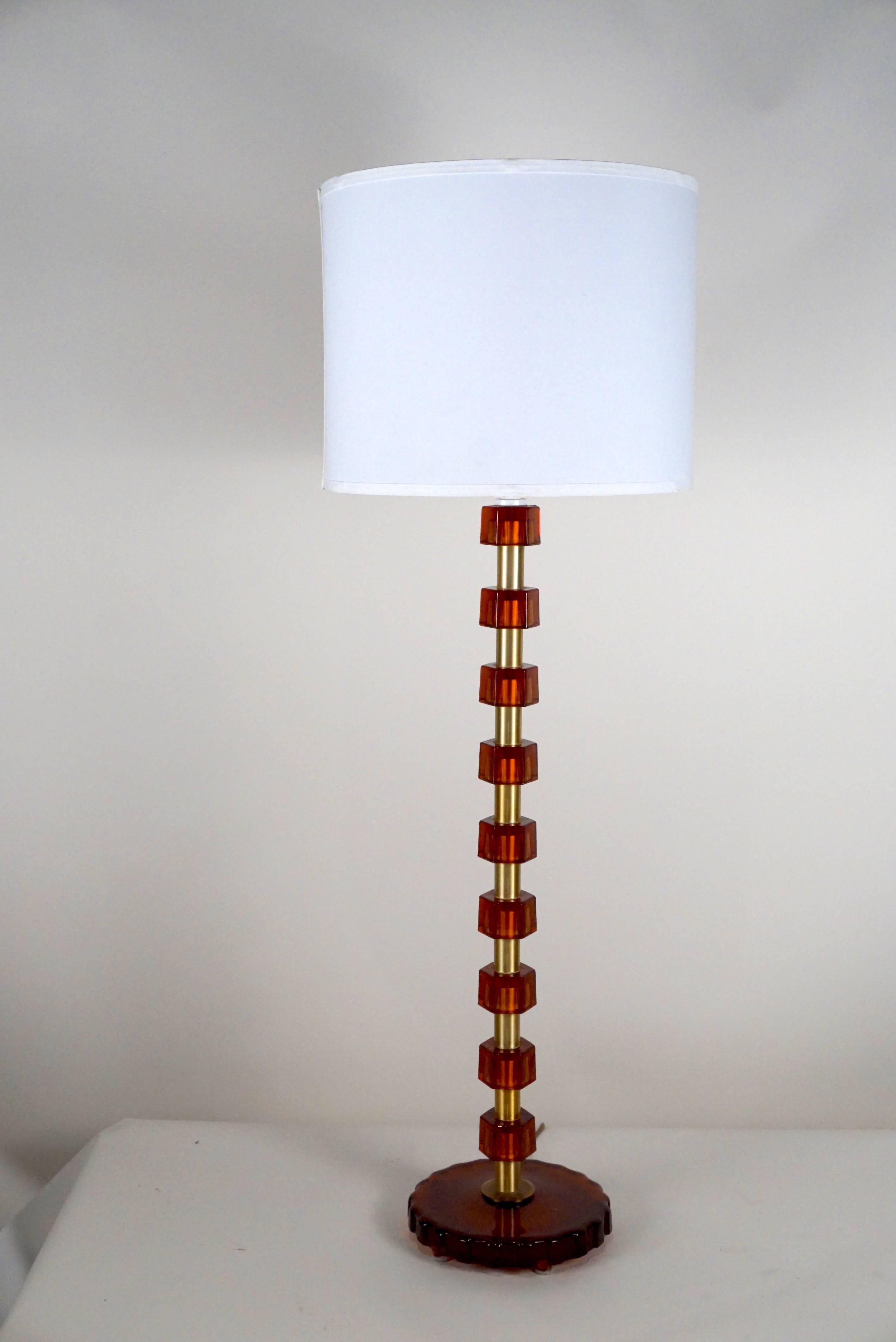 Mid-Century Modern Pair of Bergboms Tall Table Lamps with Amber Glass and Brass Ring Inserts