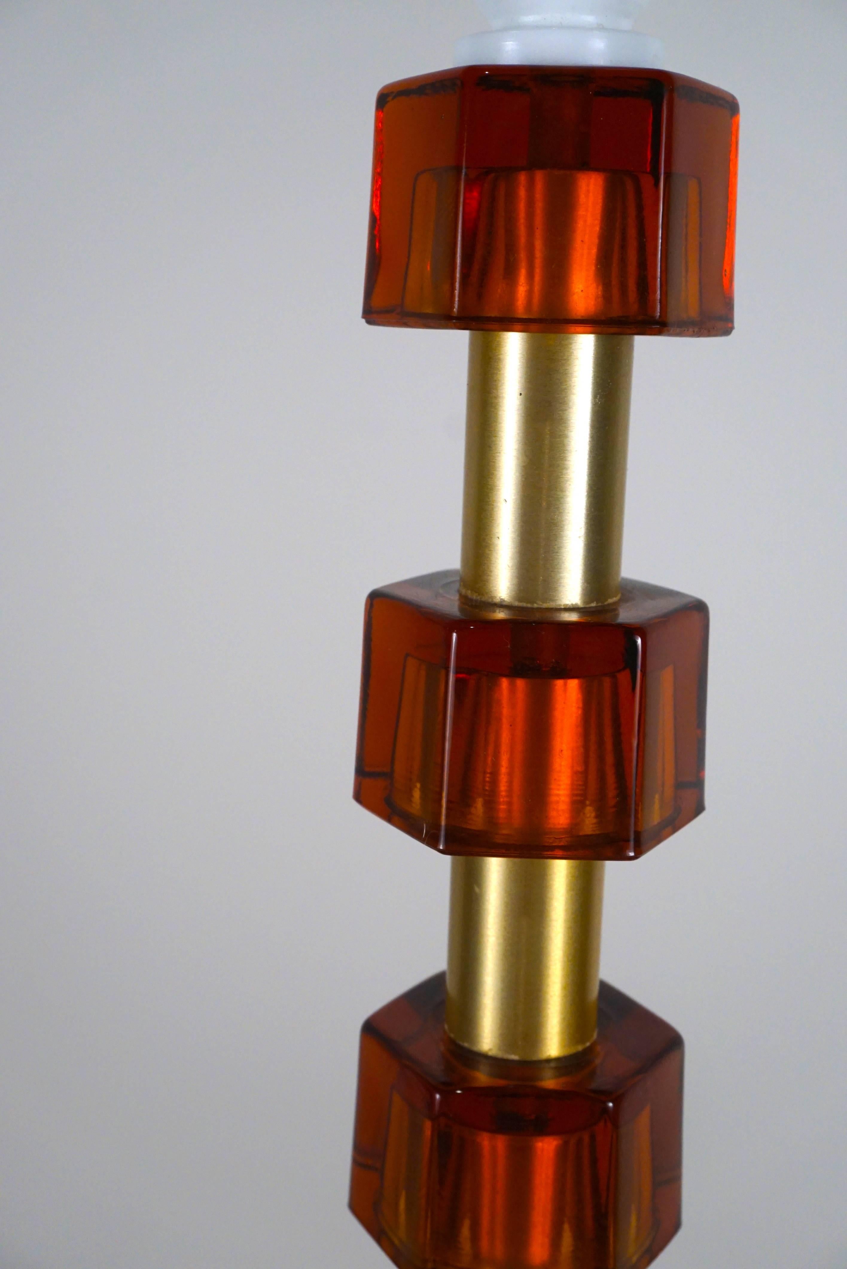 European Pair of Bergboms Tall Table Lamps with Amber Glass and Brass Ring Inserts