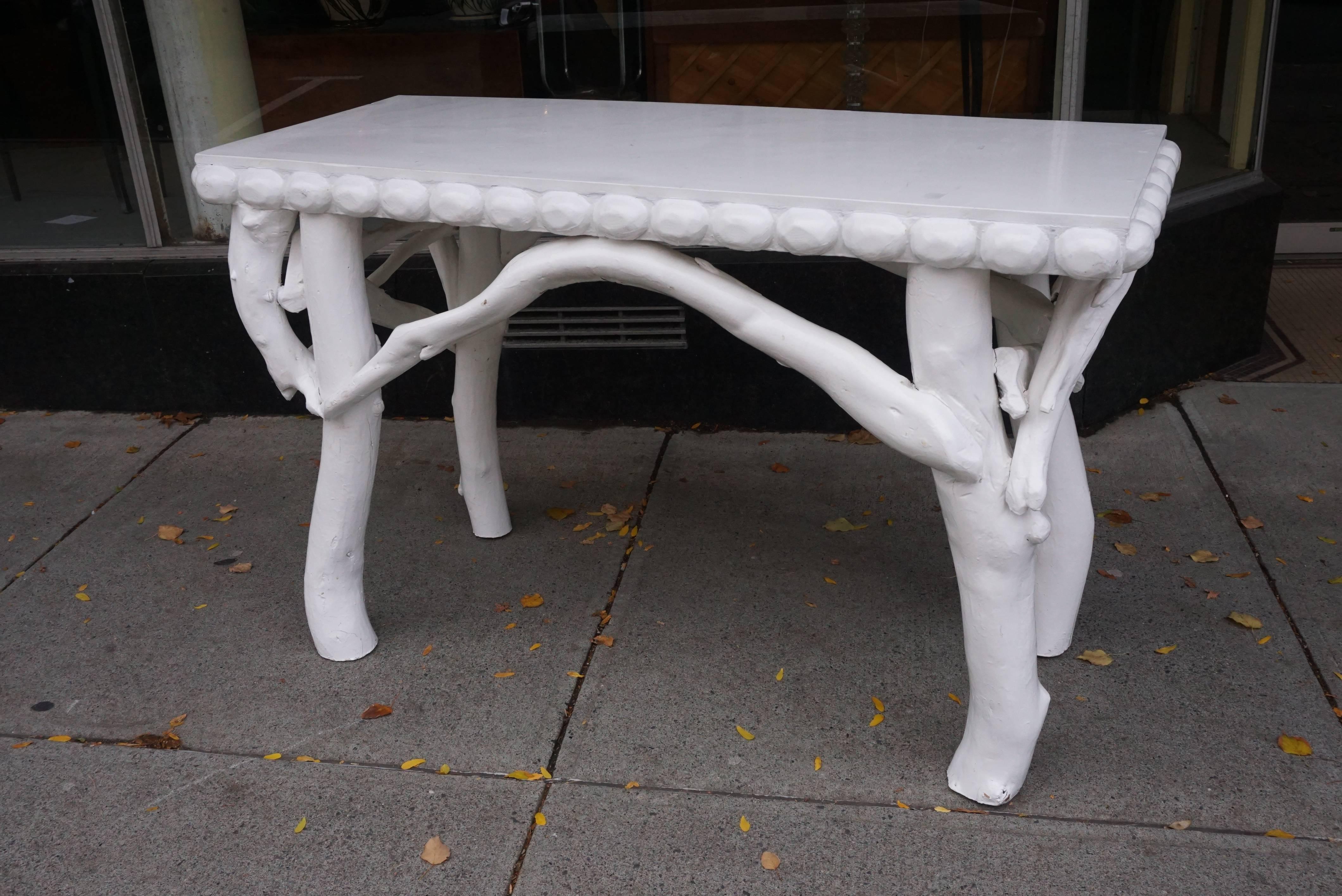 One of a kind unique Adirondack console in brilliant white paint.