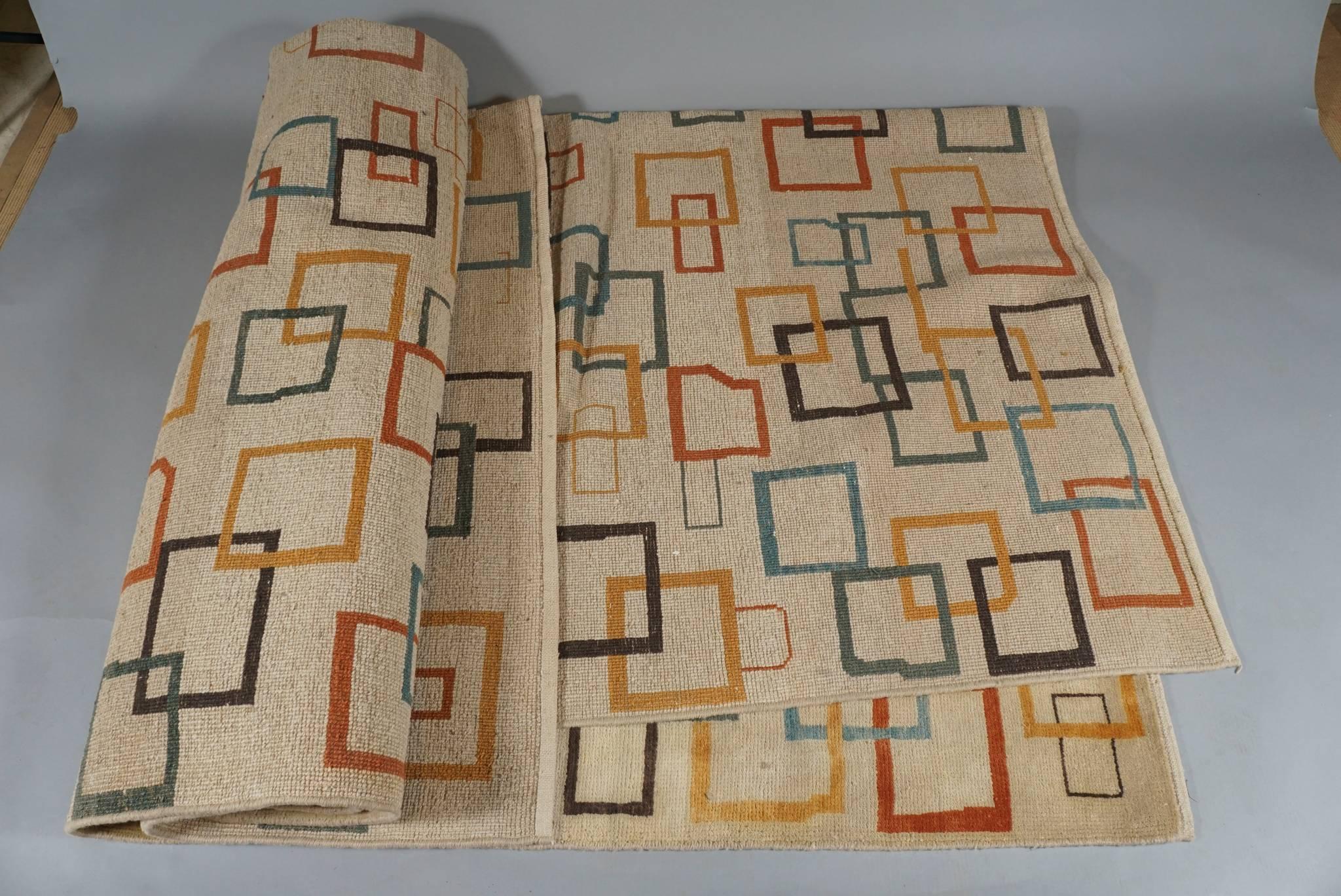 Mid-Century patterned rug.
Scandinavian (probably Danish) with wonderful color and design
Extremely large size. Very good condition. Measures: 9 x 12.