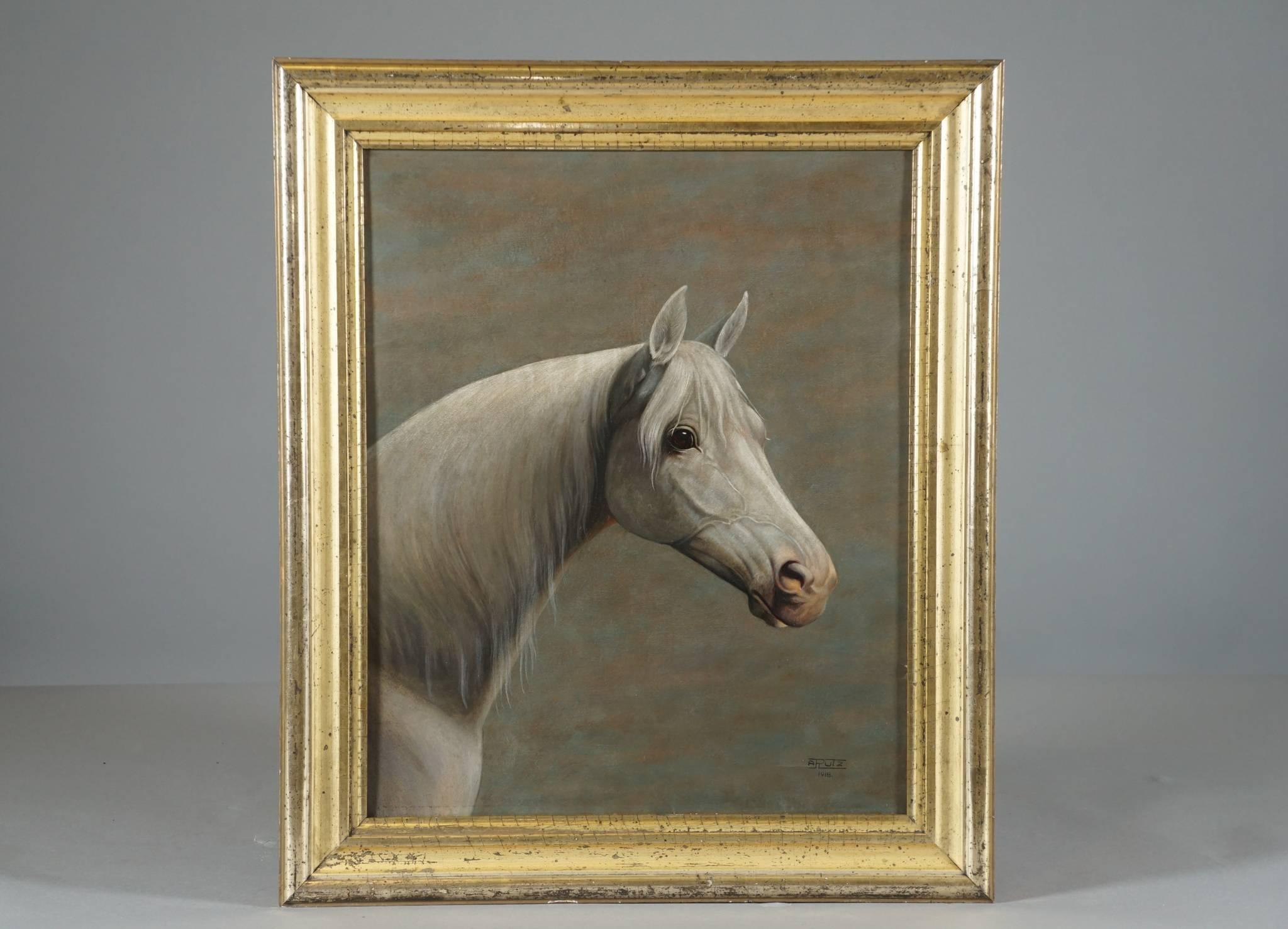 Andres Rutz, a Danish painter, who worked in Copenhagen in the first decade of the 20th century. This stunning/handsome portrait of a Racing horse
The painting is signed A Rutz and dated 1918
The canvas measures 16.5 W x 20 high
The gilt frame