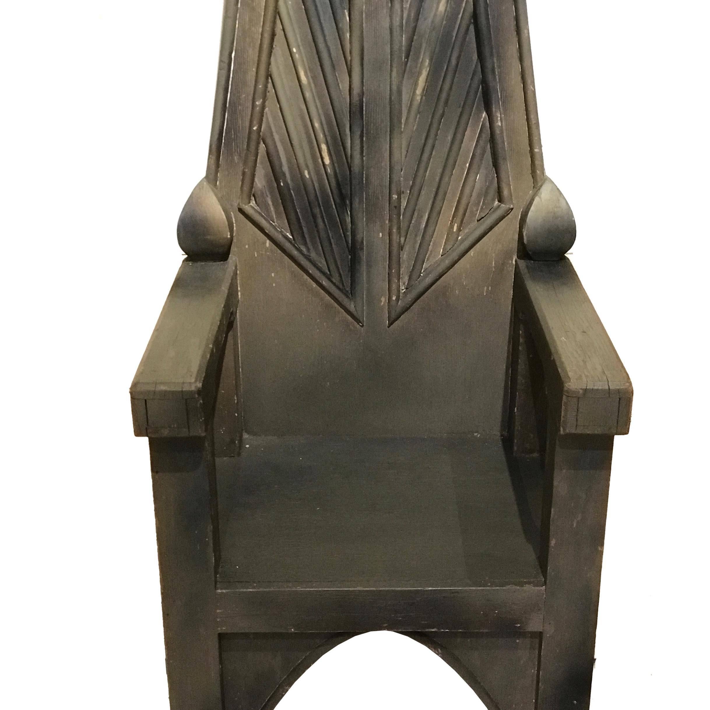 A very unique, extremely bold and extremely tall chair. It's original purpose can only be supposed. Ceremonial or whimsical. Measures: 9 foot tall.