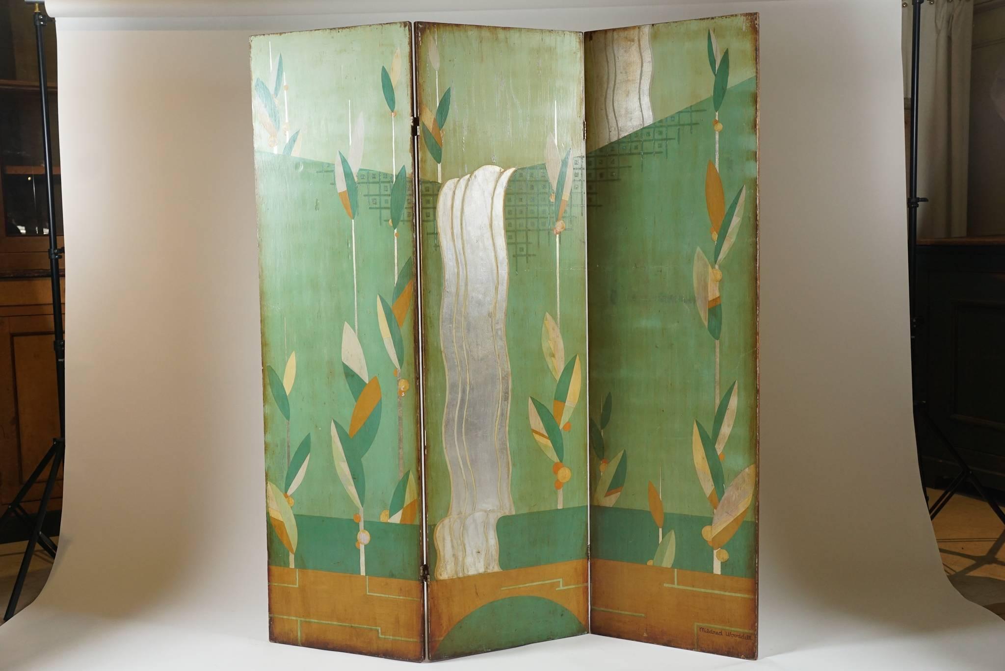 A beautiful and naively created three-part screen with bold Art Deco styling it is painted on solid boards by artist Mildred Woodell during the 1920s.