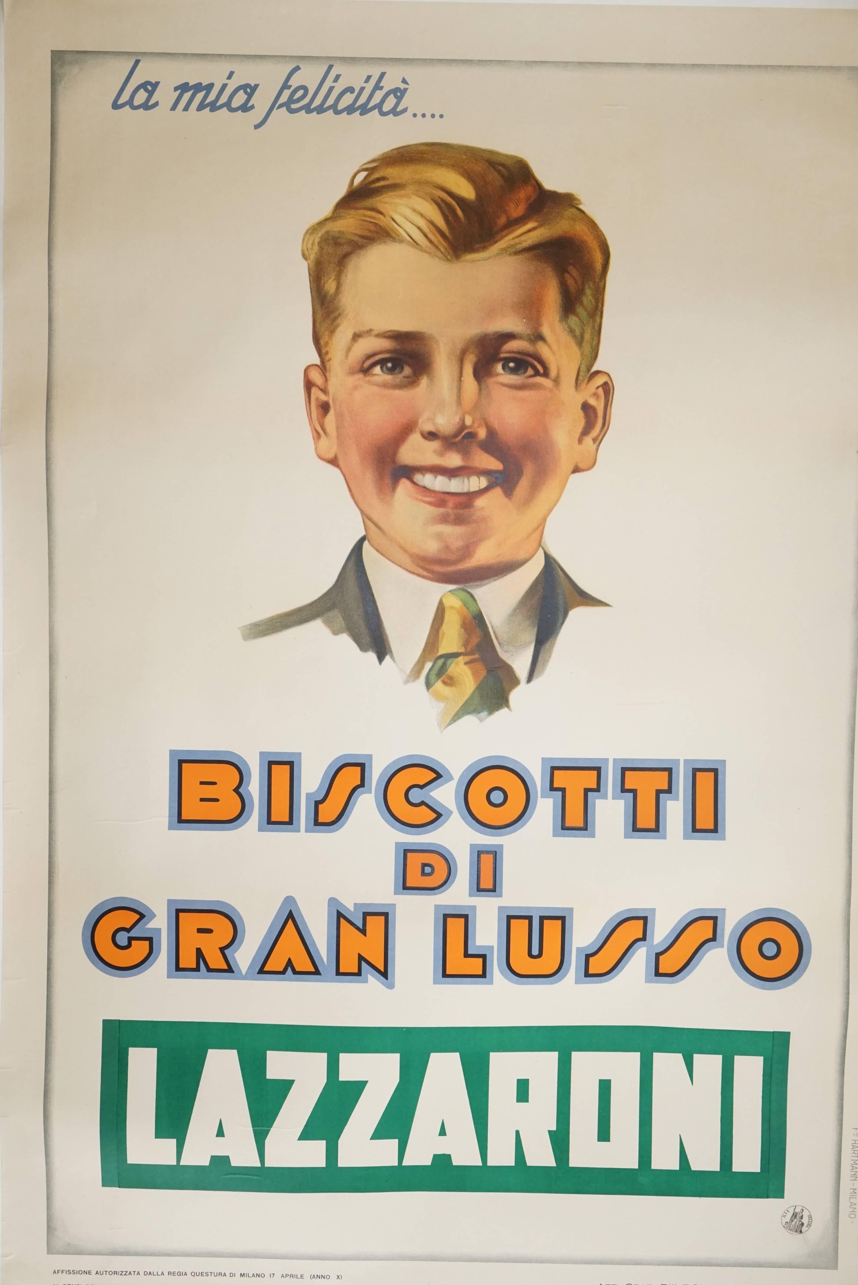 Large, graphic and colorful poster for Lazzaroni Biscotti.
Printed in Milan in 1921.
