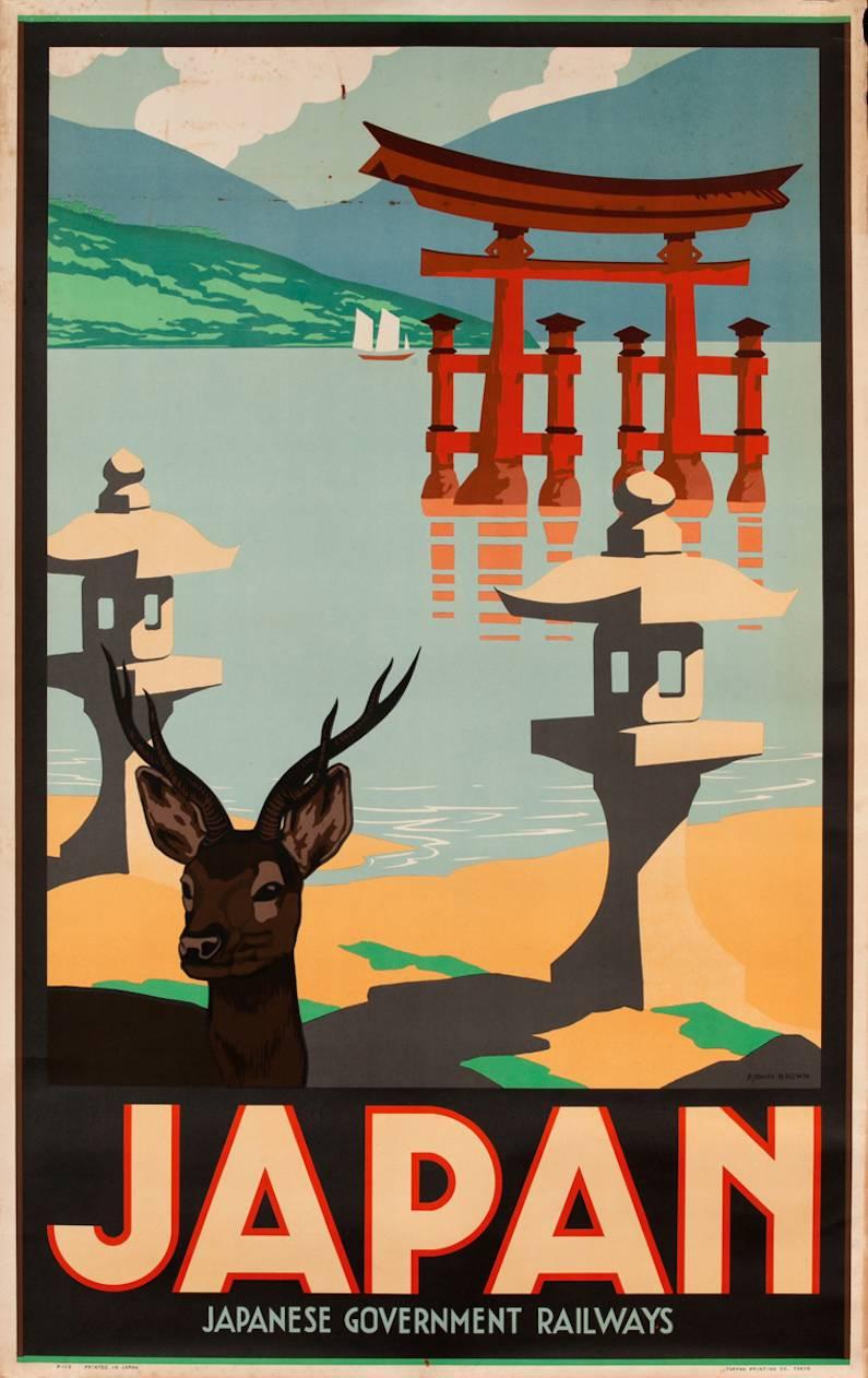 1930s P Irwin Brown.
Japan Toril Gate Hiroshima Miyajima Japanese railways poster.
Beautiful coloring and graphic.
 