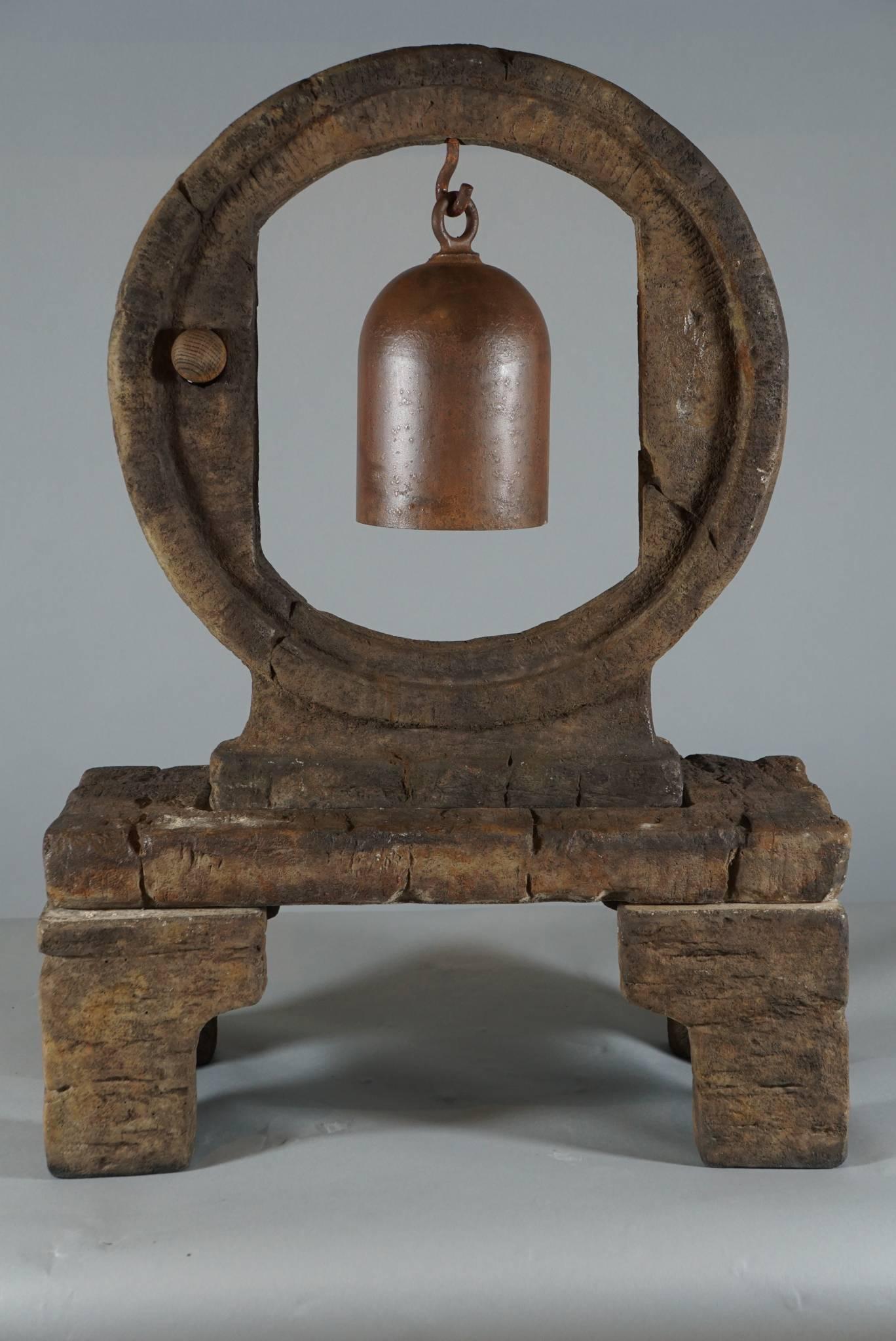 Chinoiserie Resonant Iron Bell Suspended in Large Cast Stone Wheel on Stand