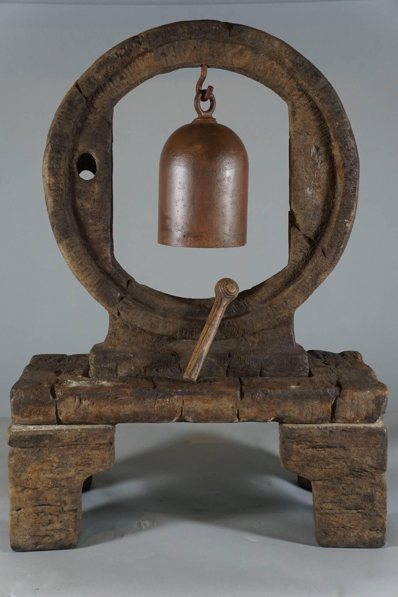 Resonant Iron Bell Suspended in Large Cast Stone Wheel on Stand 2