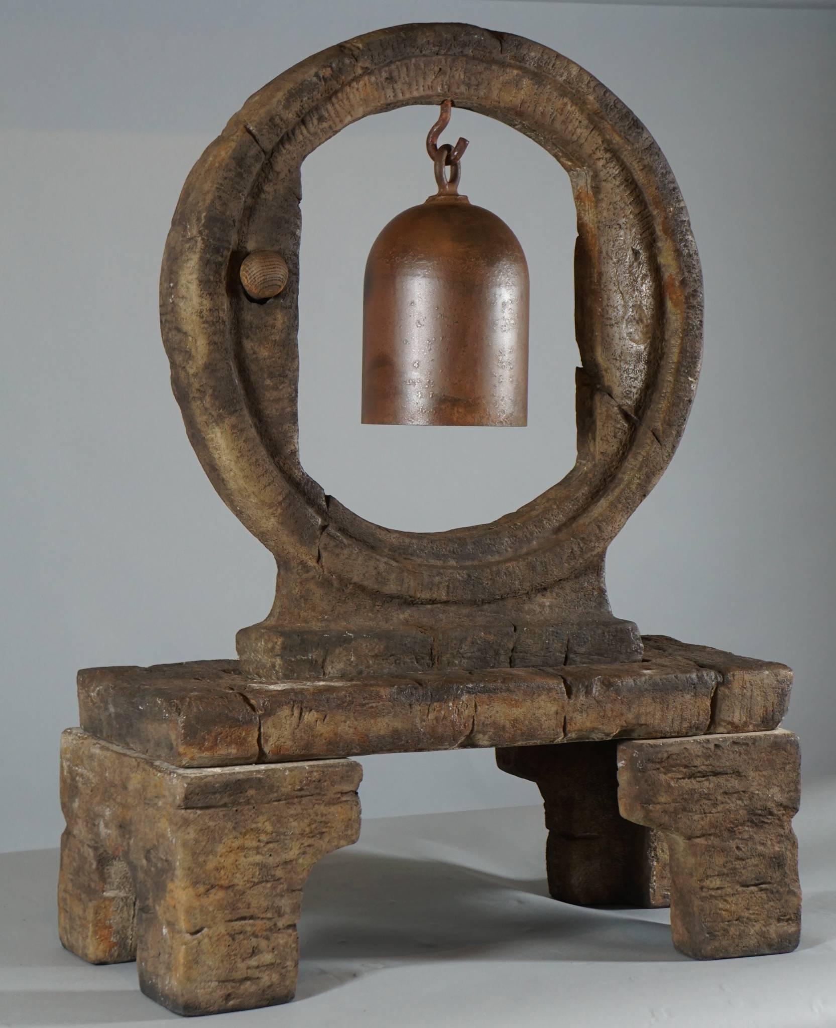 Resonant Iron Bell Suspended in Large Cast Stone Wheel on Stand 3