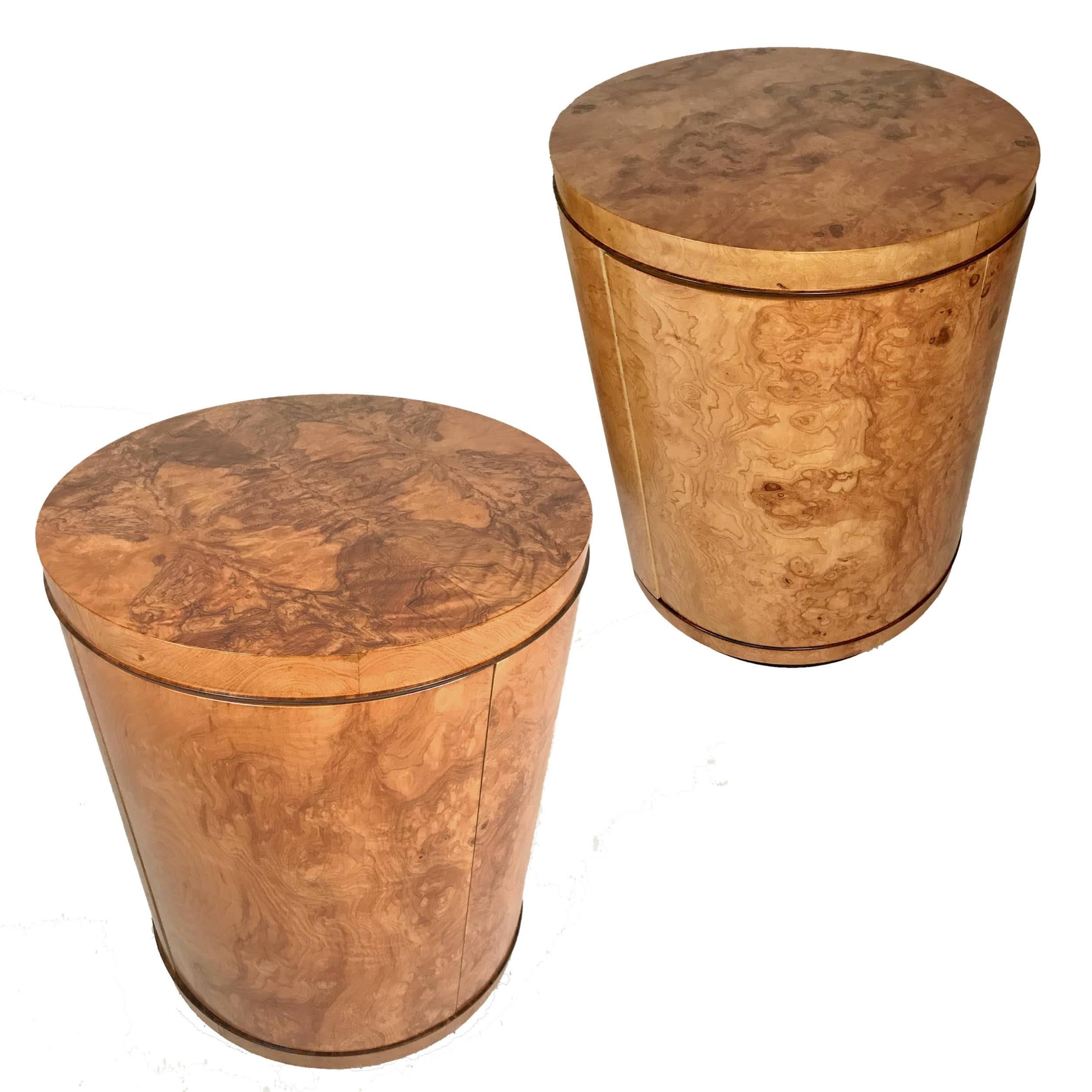 Wonderful Olive Ash Burled Circular End Tables In Excellent Condition In Hudson, NY