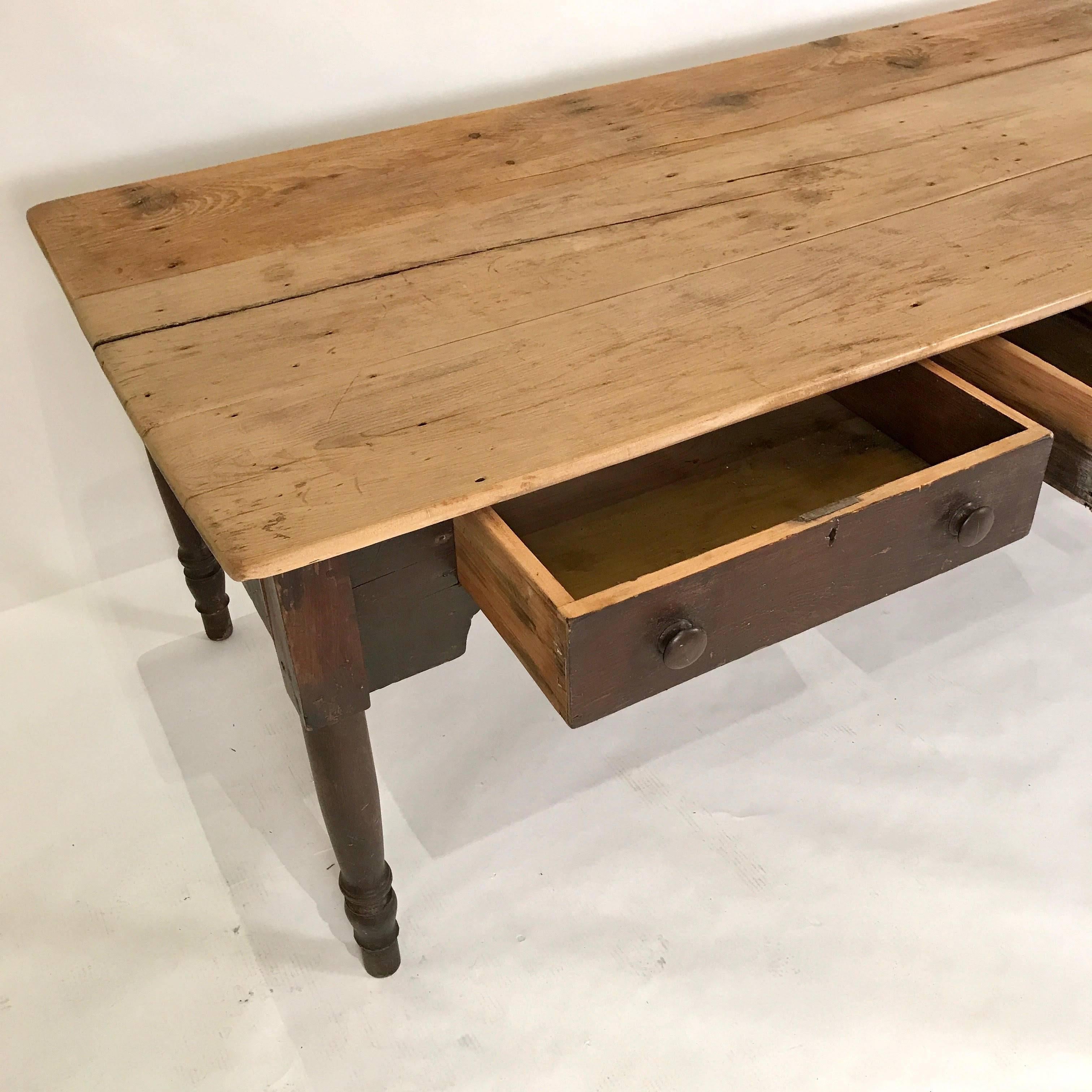 20th Century French Scubbed Top Provincial Farm Table with Three Drawers