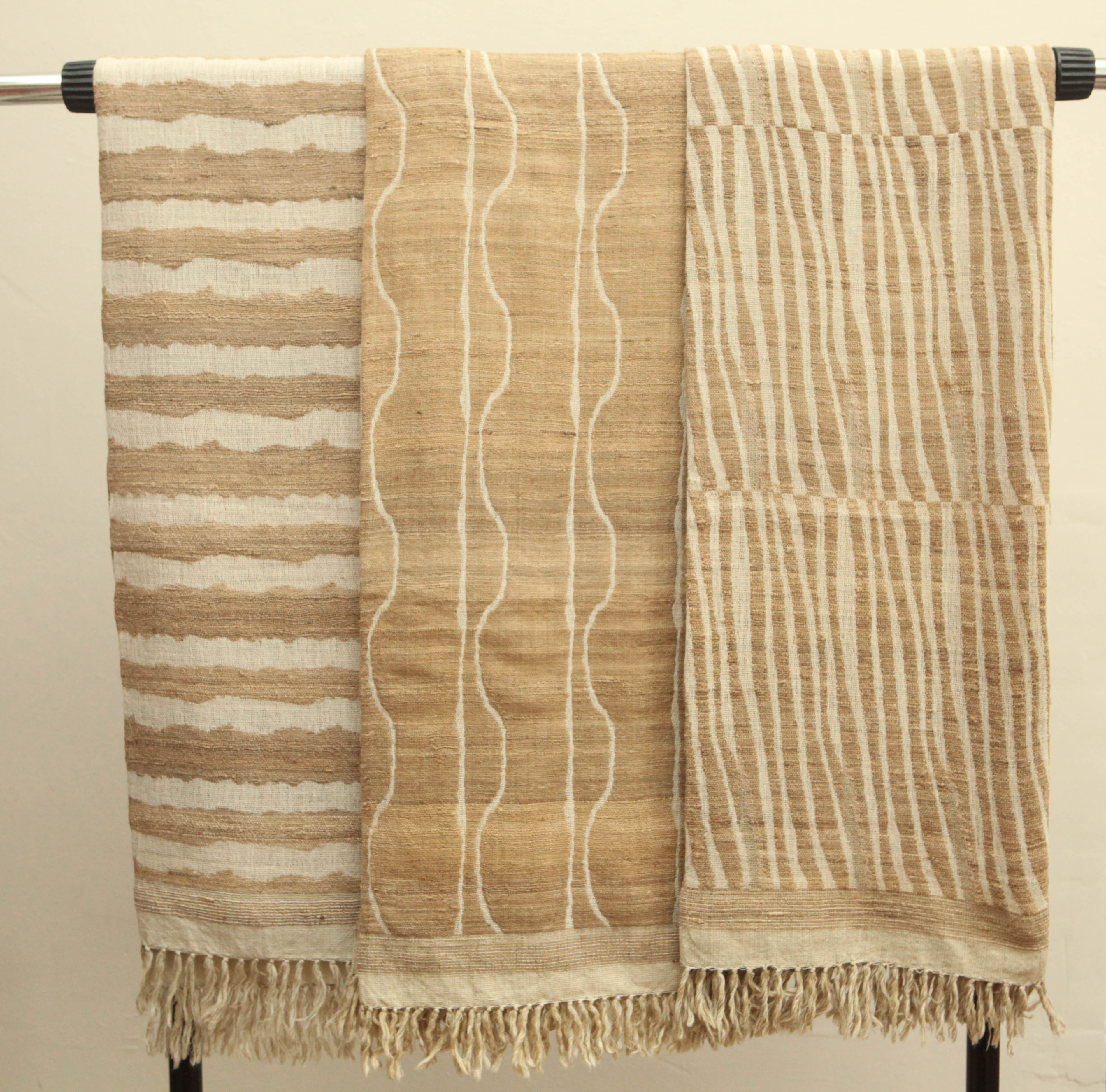 Indian Hand-Woven Throws.  Oatmeal and Ivory.  Wool and Raw Silk.  For Sale