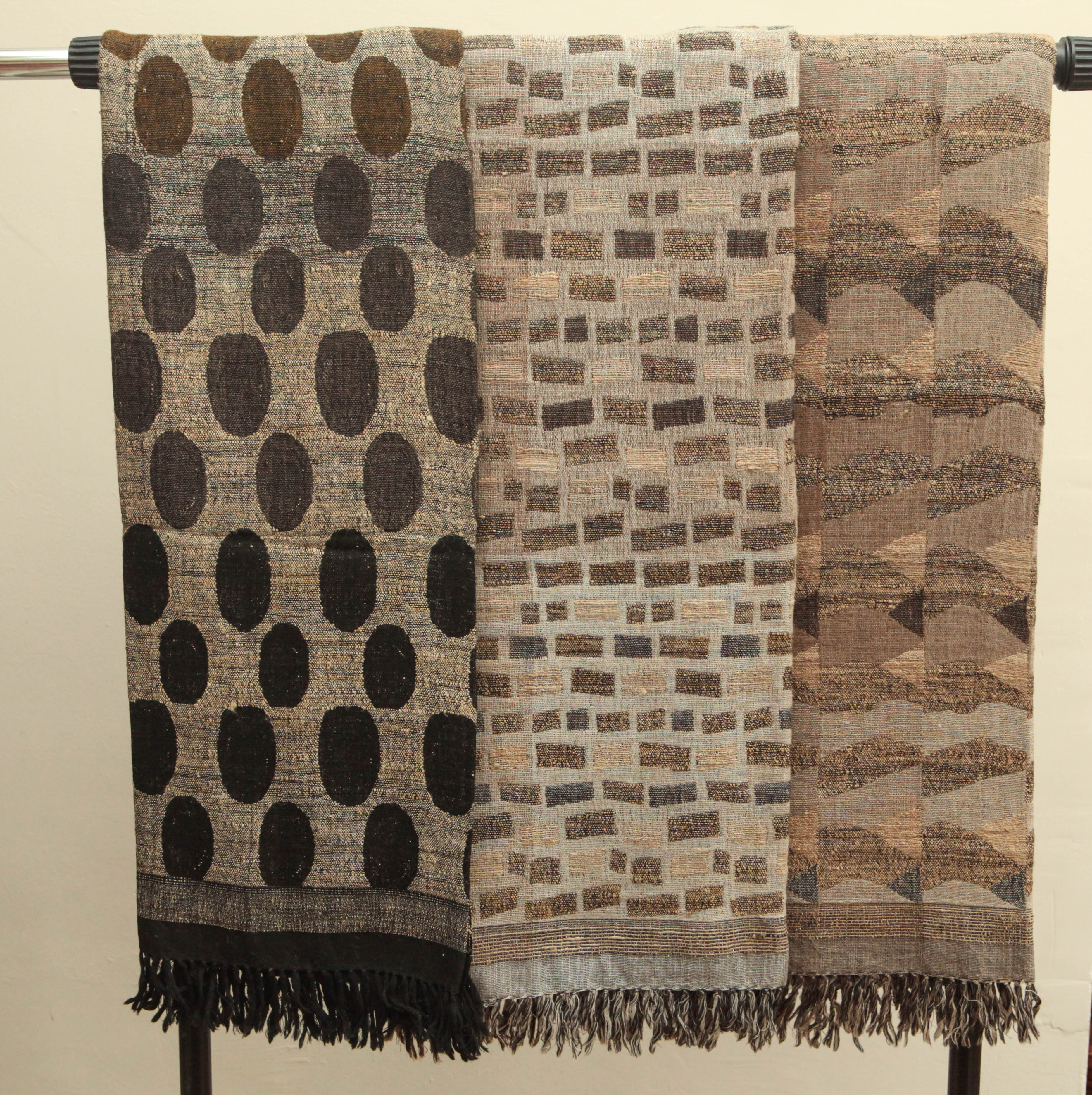 Indian Hand Woven Throws.  Black, Brown, Gray, Beige.  Wool and Raw Silk.  For Sale