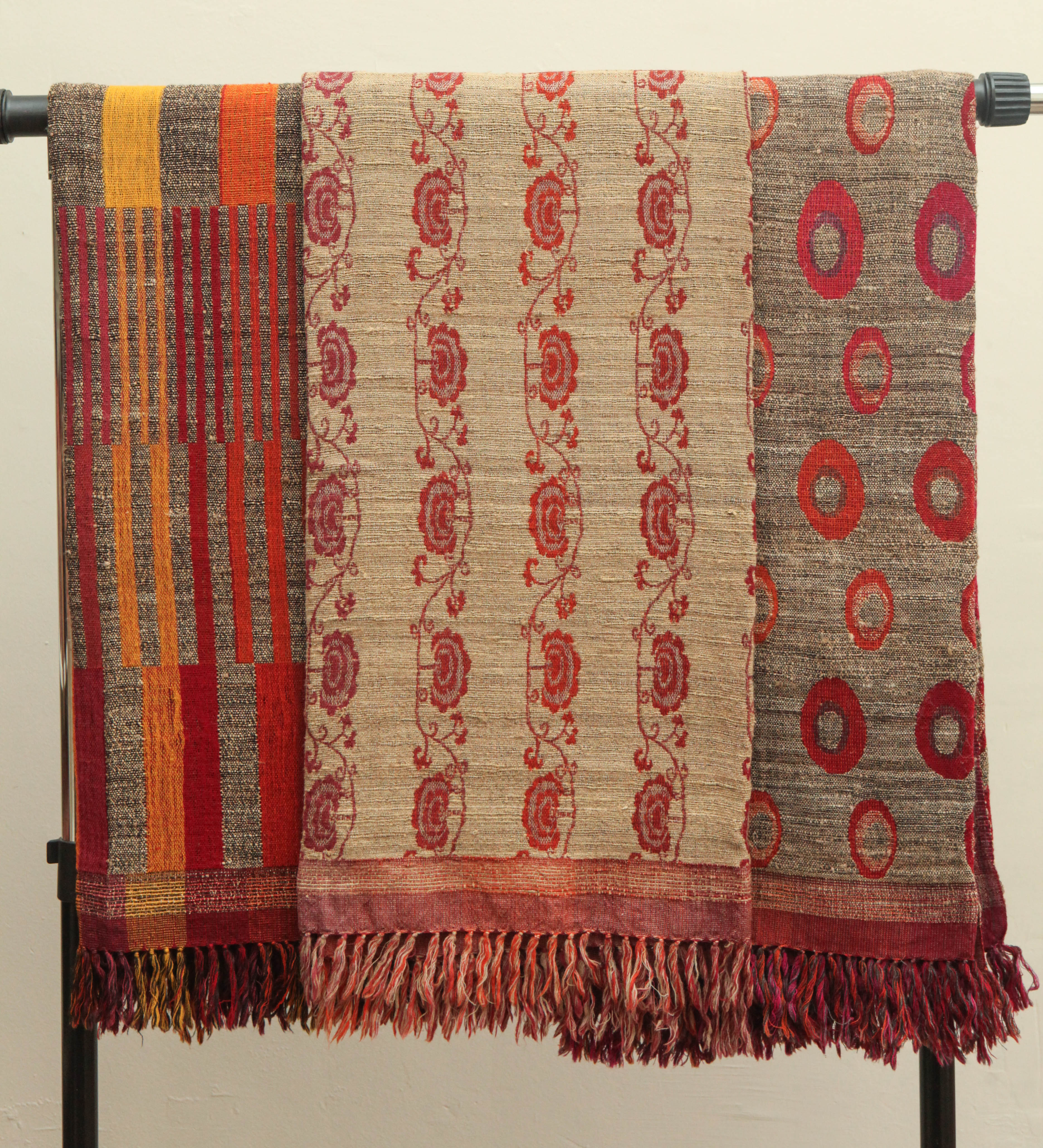 Indian Hand Woven Throws. Red, Oatmeal, Pink, Orange, Yellow.  Wool and Raw Silk For Sale