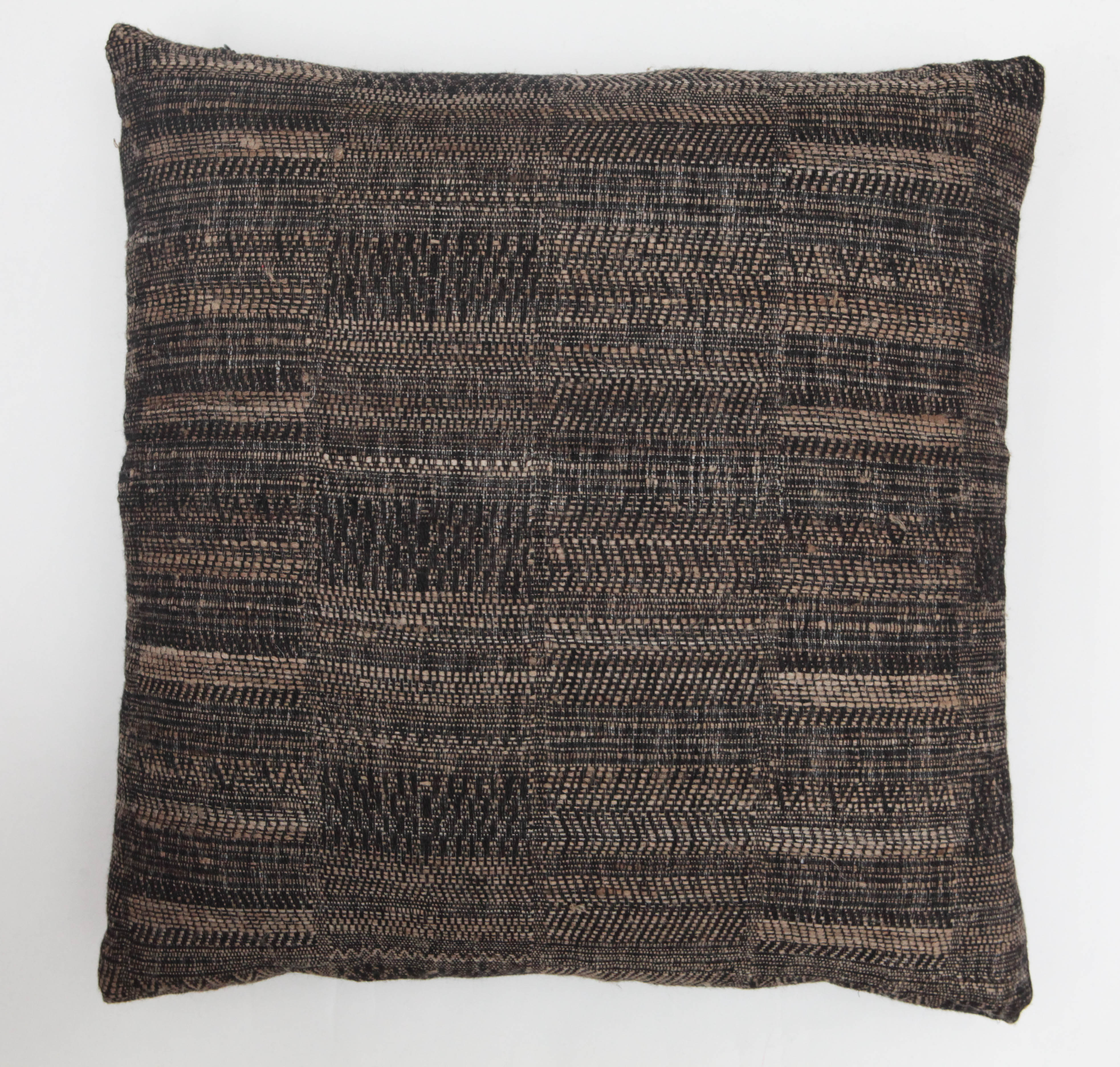 Indian Handwoven Pillow, Black and Beige, Wool and Silk For Sale