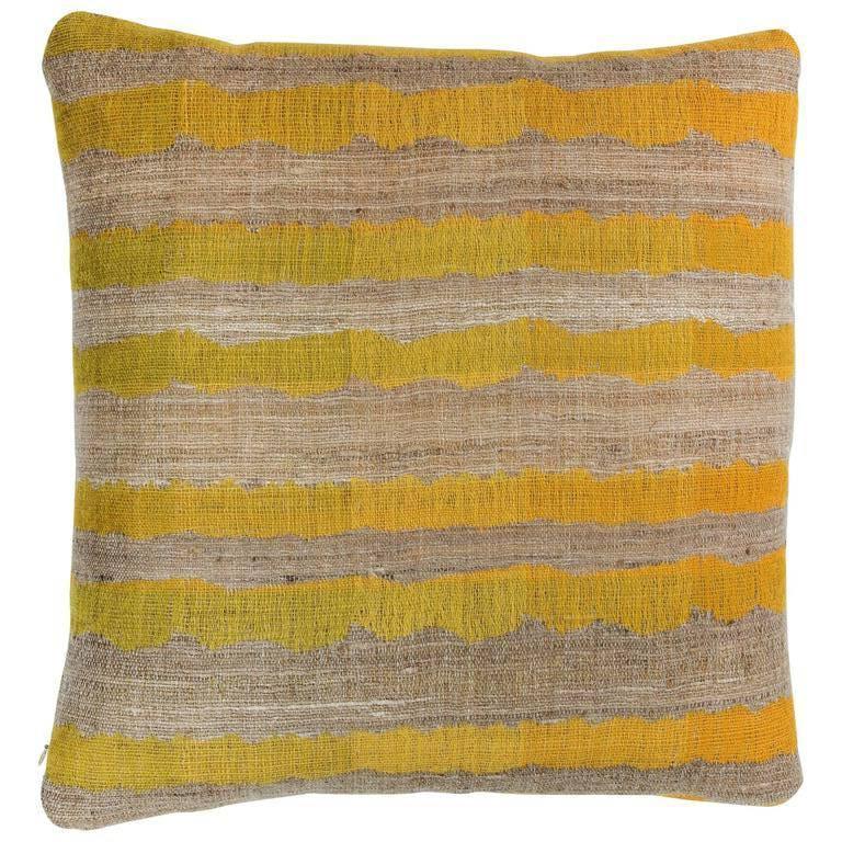 Indian Handwoven Pillow in Yellow and Oatmeal Color For Sale 1