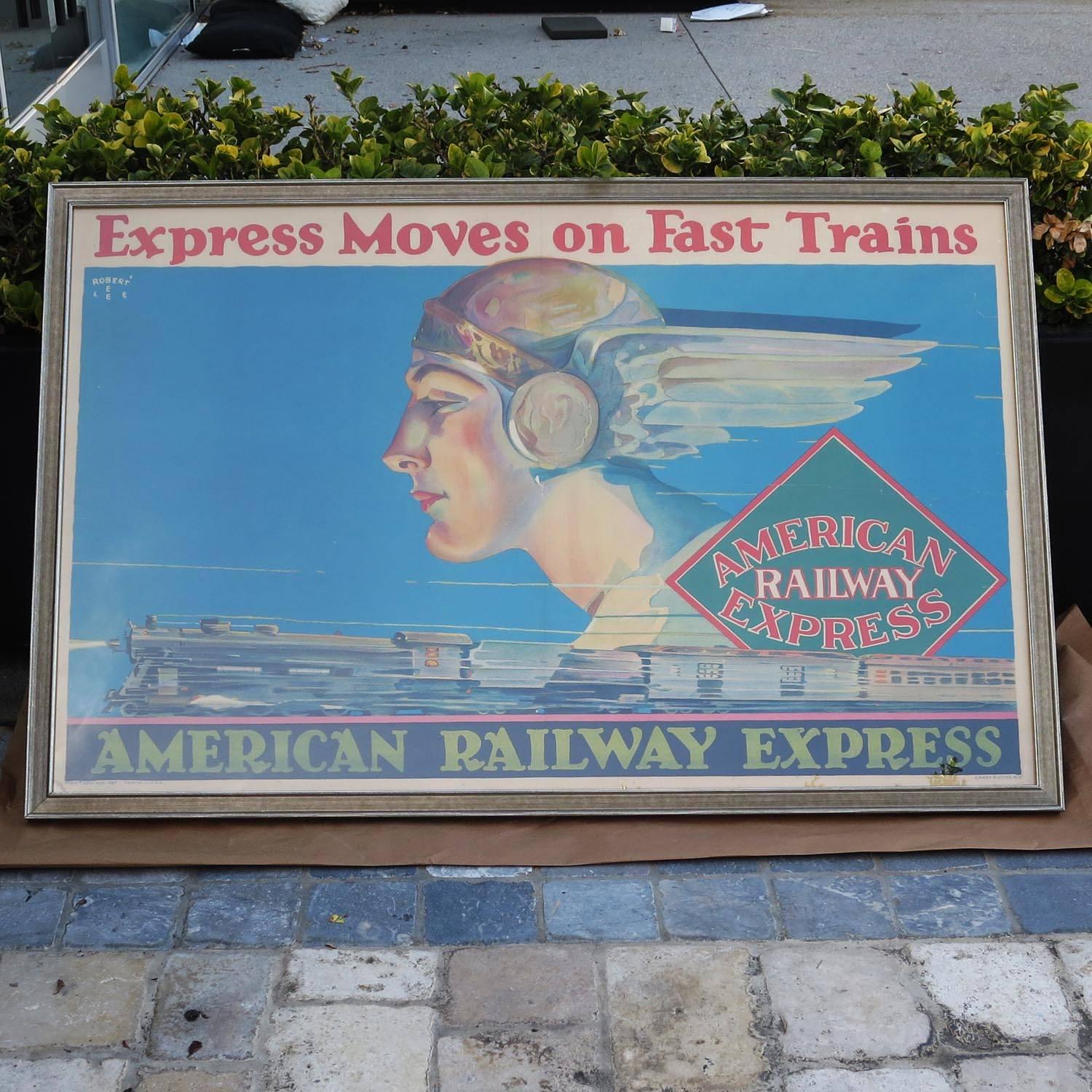 This wonderful image, dated 1927, was a promotion for American Railway Express trains. The poster features a speeding streamliner train, imposed over a profile of a winged Mercury. Printed from graphics by artist Robert E. Lee, the image is colorful