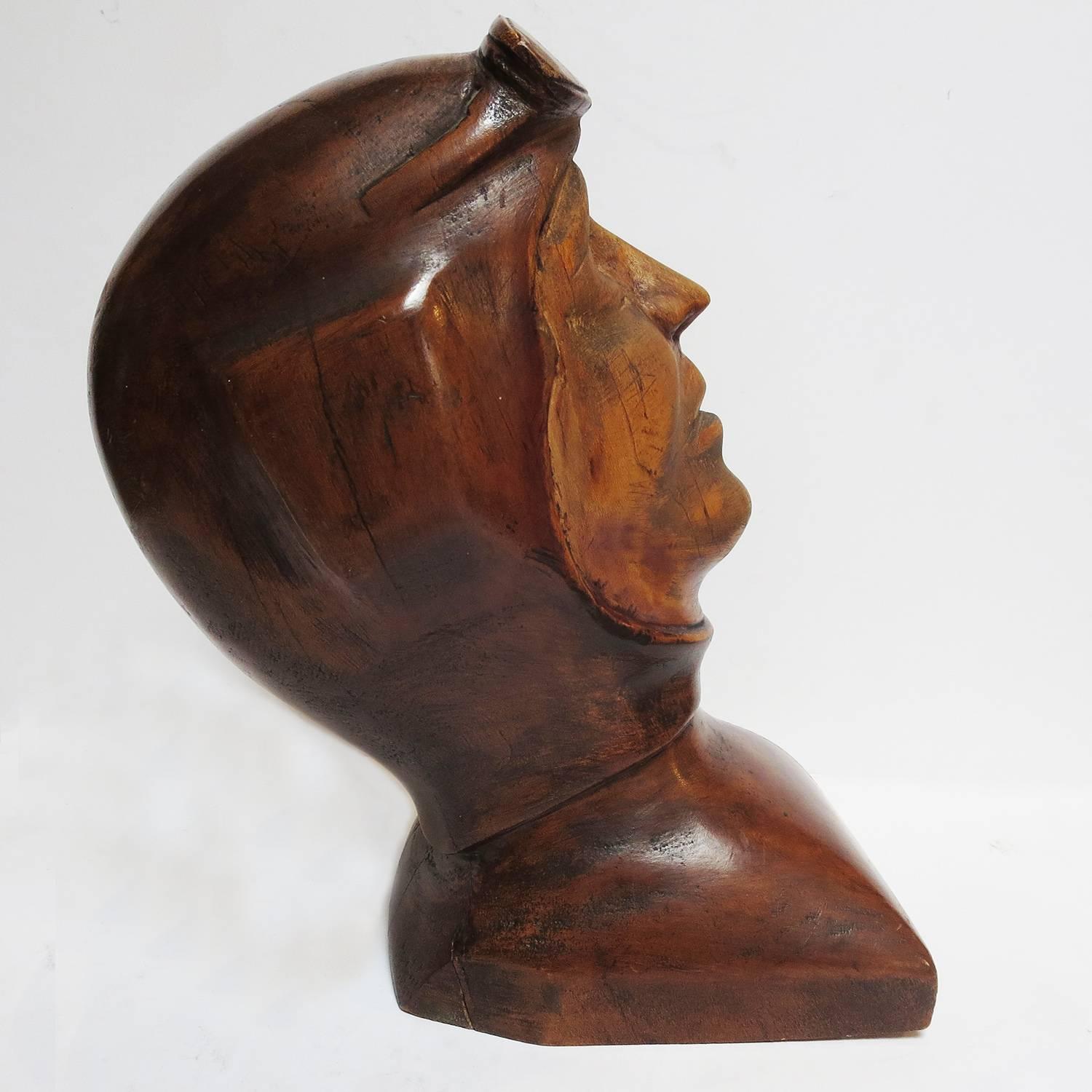 American Stylized Art Deco Carved Bust of Aviator