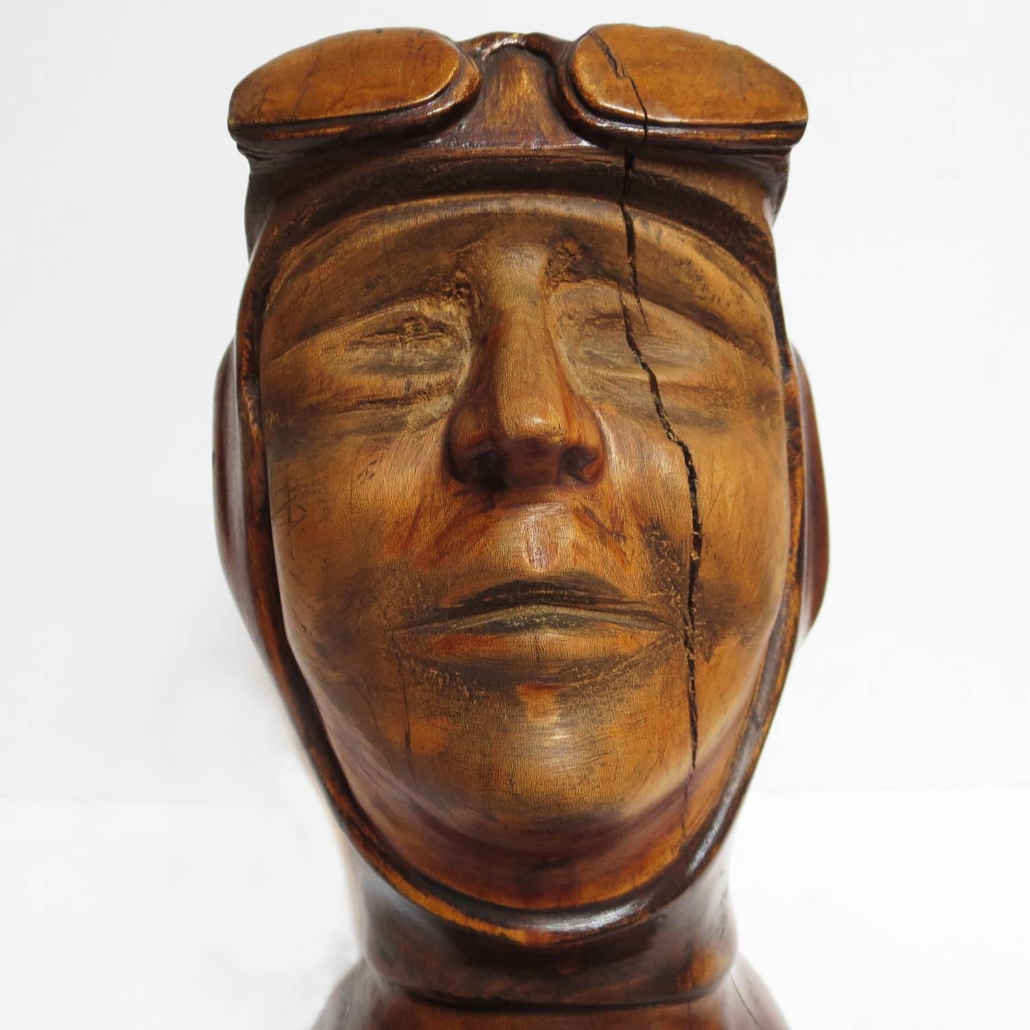 Hand-Carved Stylized Art Deco Carved Bust of Aviator