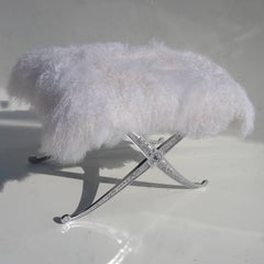 Hollywood Regency Style Bench in Polished Aluminum and Silky Fur