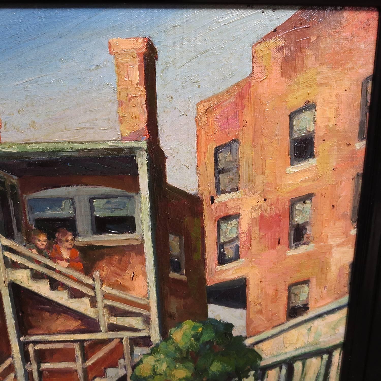 Original American Urban Scene Oil Painting by Thaddeus J. Haduch, 1947 In Excellent Condition In North Hollywood, CA