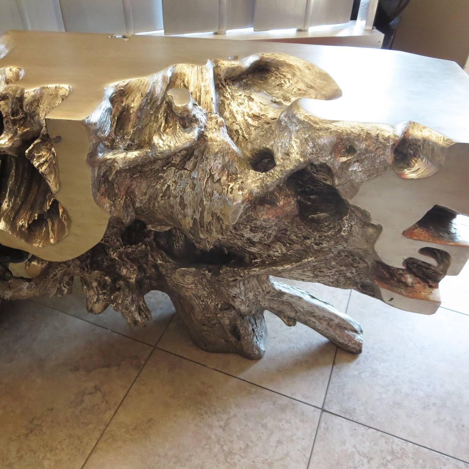 Silver Gilded Free-Form Burl Console Table In Excellent Condition In North Hollywood, CA
