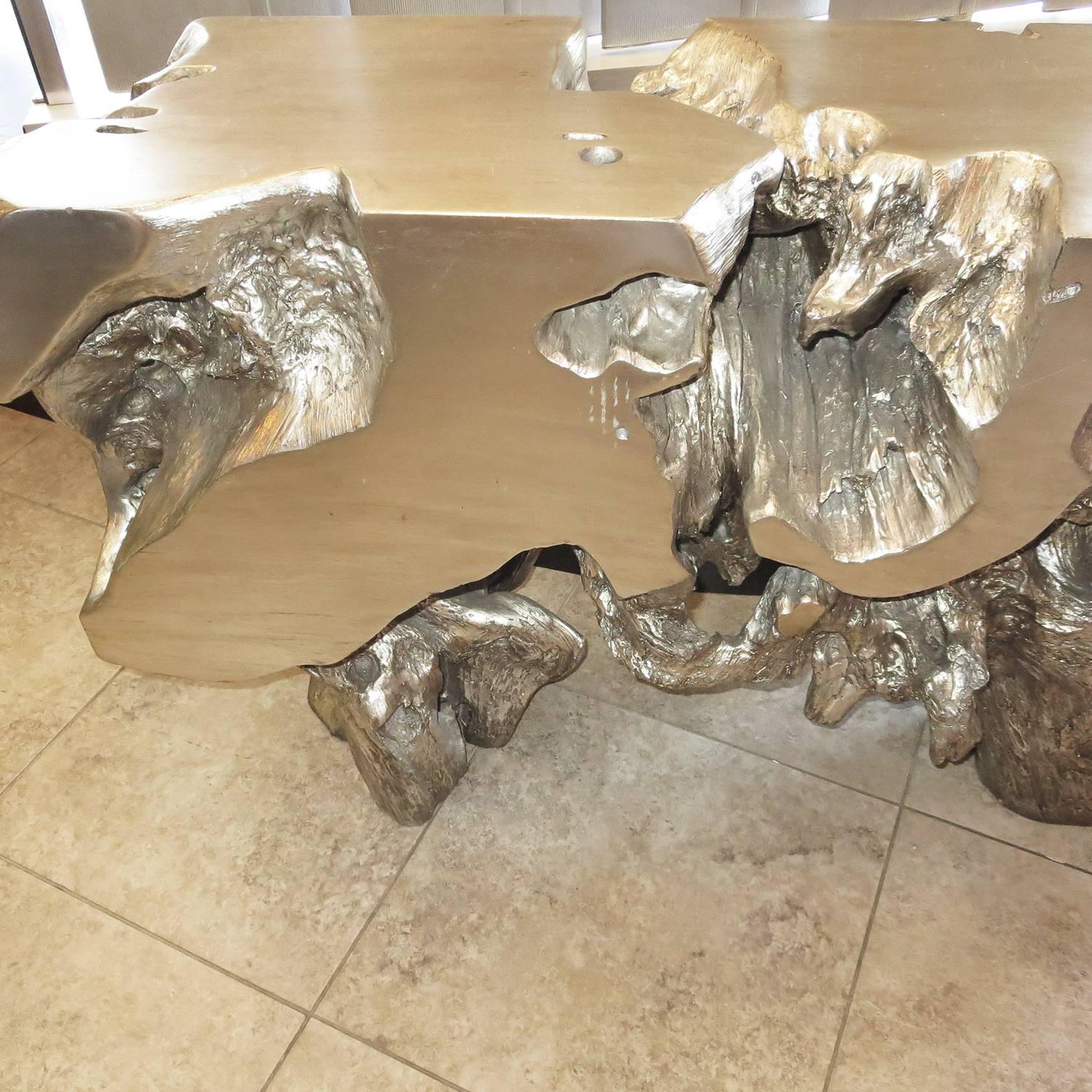 Contemporary Silver Gilded Free-Form Burl Console Table