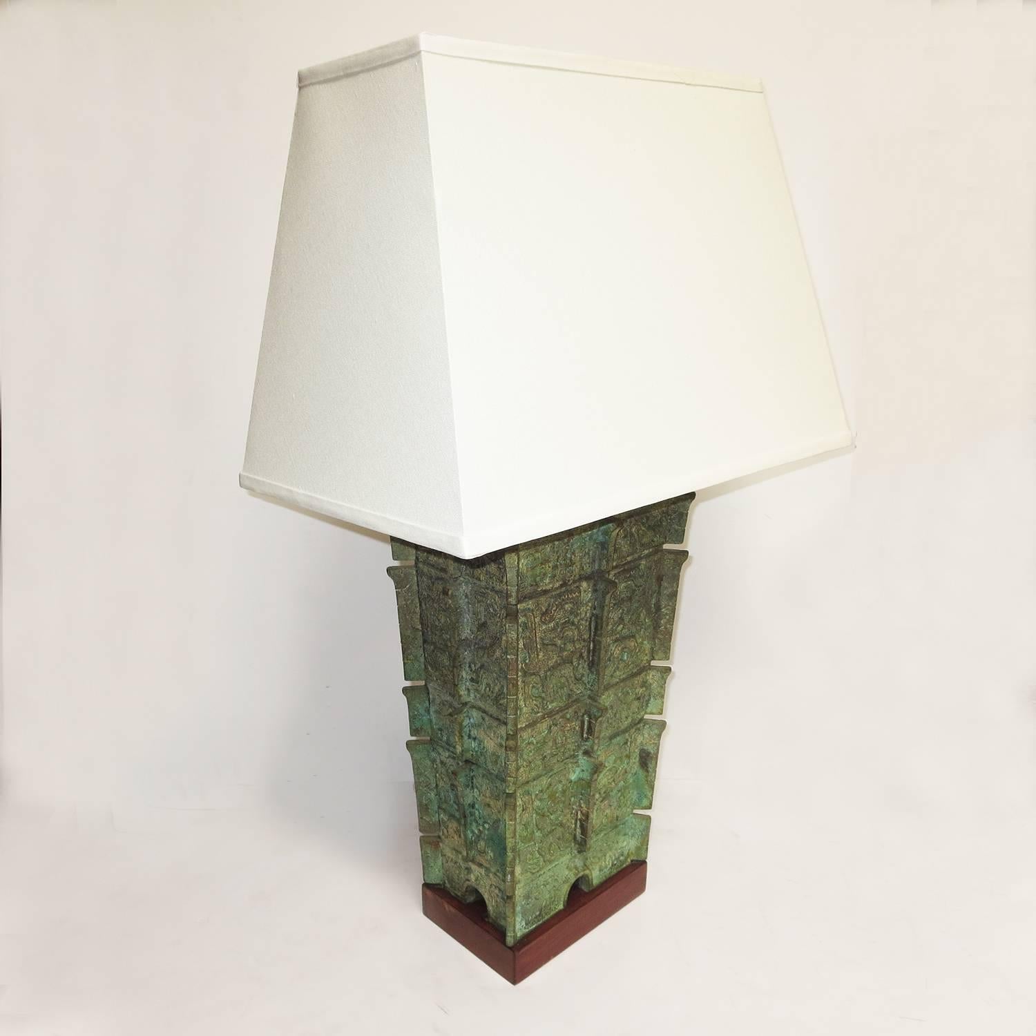 Mid-Century Modern Pair of Mid-Century Bronze Table Lamps in Mayan Motif