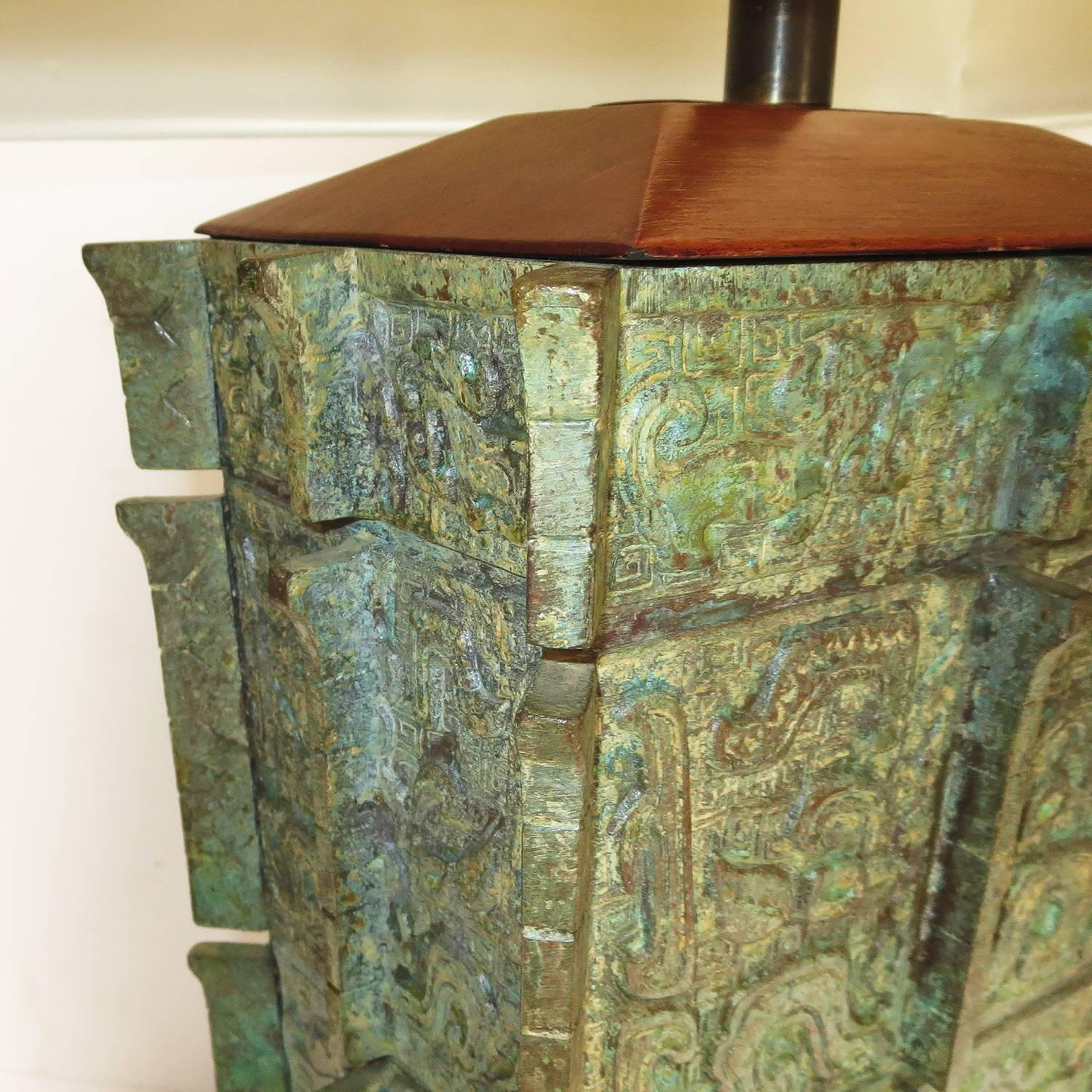 American Pair of Mid-Century Bronze Table Lamps in Mayan Motif