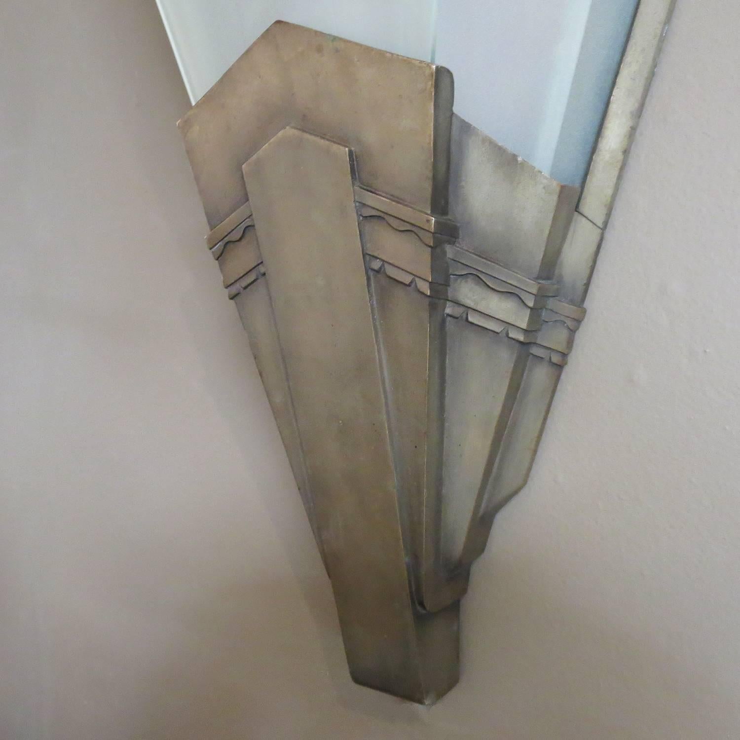 Etched Impressive Silvered Bronze Art Deco Wall Sconces