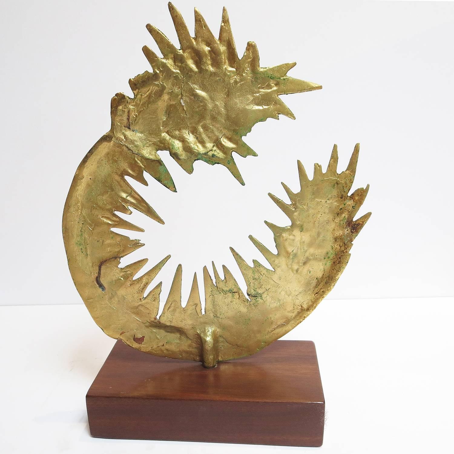 American Mid Century Modern Brass Sculpture on Walnut Base