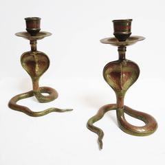 Vintage Chased and Painted Brass Cobra Candlesticks