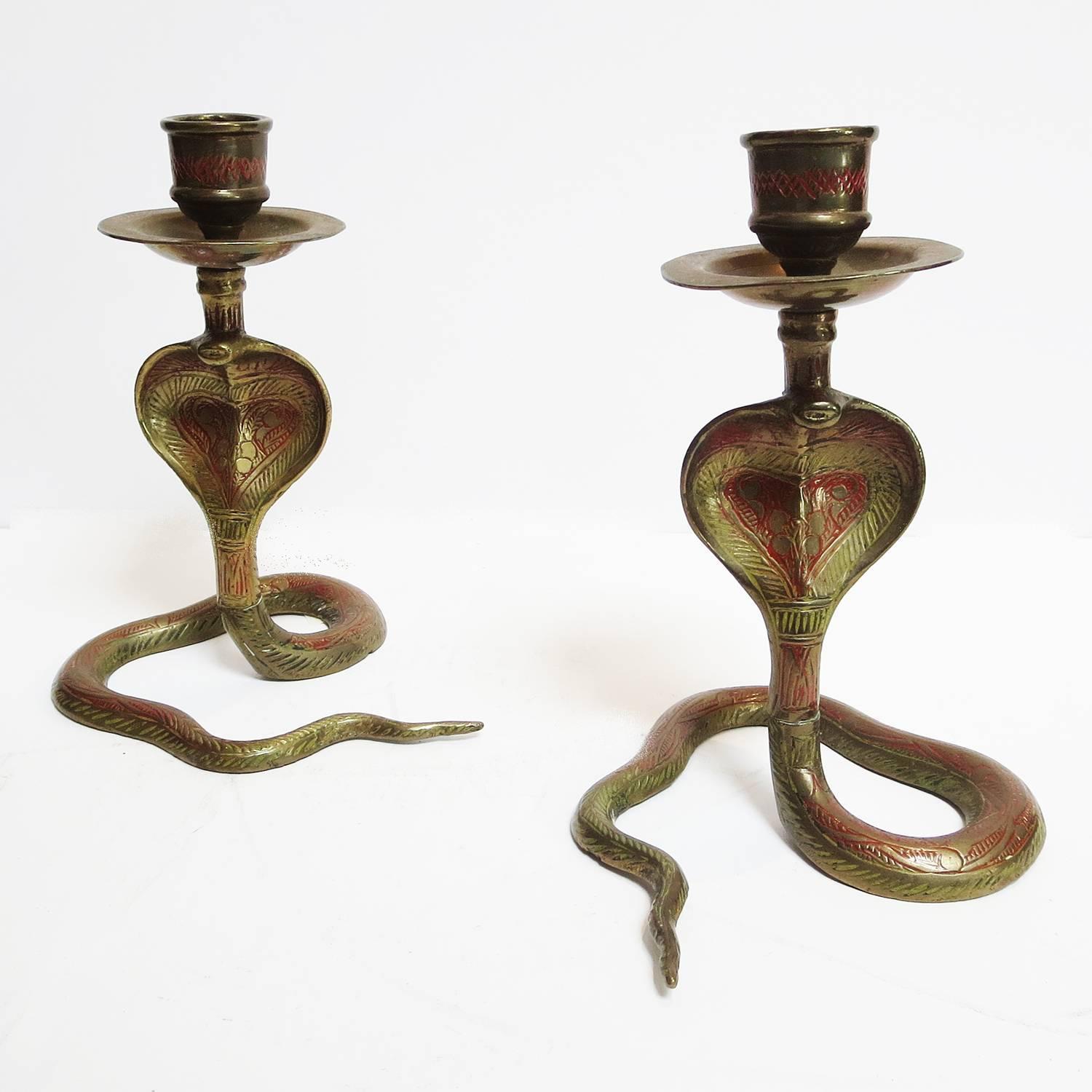 Chased and Painted Brass Cobra Candlesticks at 1stdibs