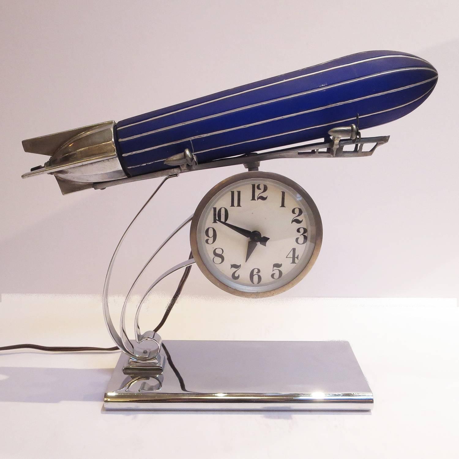 Rare Art Deco Cobalt Glass and Chrome Blimp Clock and Lamp