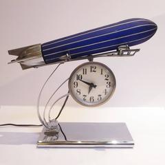 Vintage Rare Art Deco Cobalt Glass and Chrome Blimp Clock and Lamp